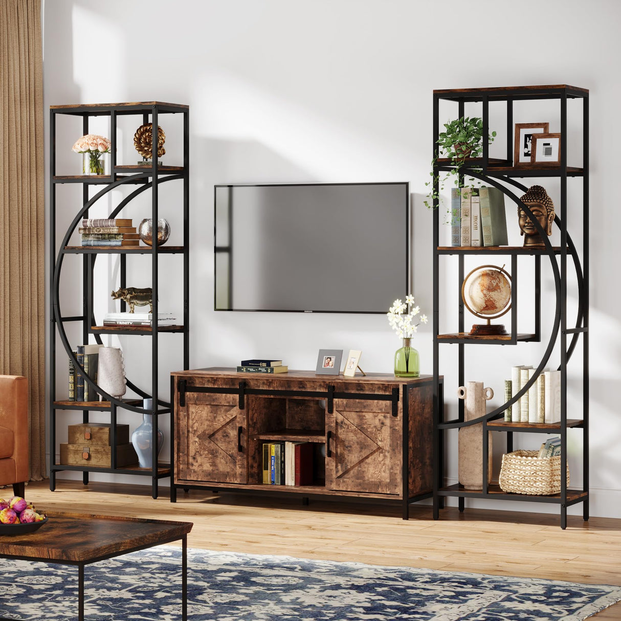 Celaform Geometric Bookshelf, 70.9" Tall Bookcase with 7-Shelf Open Shelves, Wood Metal Book Shelf Display Rack Storage Shelving Unit for Office, Bedroom, Living Room, Easy Assembly, Rustic Brown Celaform