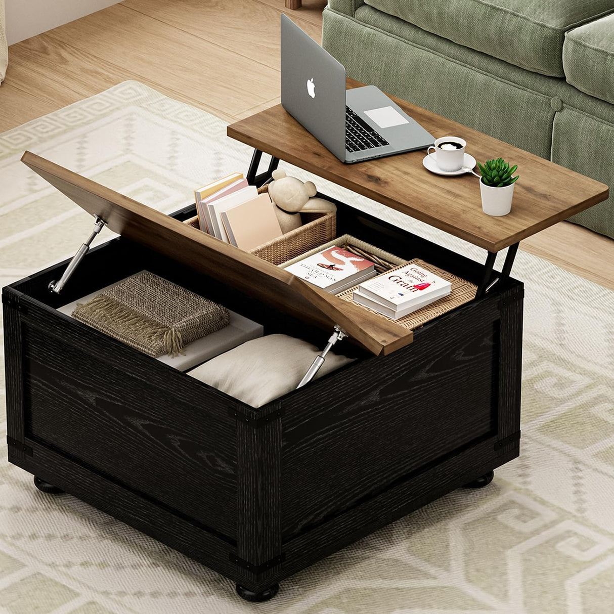 Farmhouse Lift Top Coffee Table with Storage, Black Lift Top Coffee Table with Hydraulic Gas Rod, Large Lift Square Top Coffee Table with Wood Gourd Feet, Coffee Table with for Living Room MaverickFurni