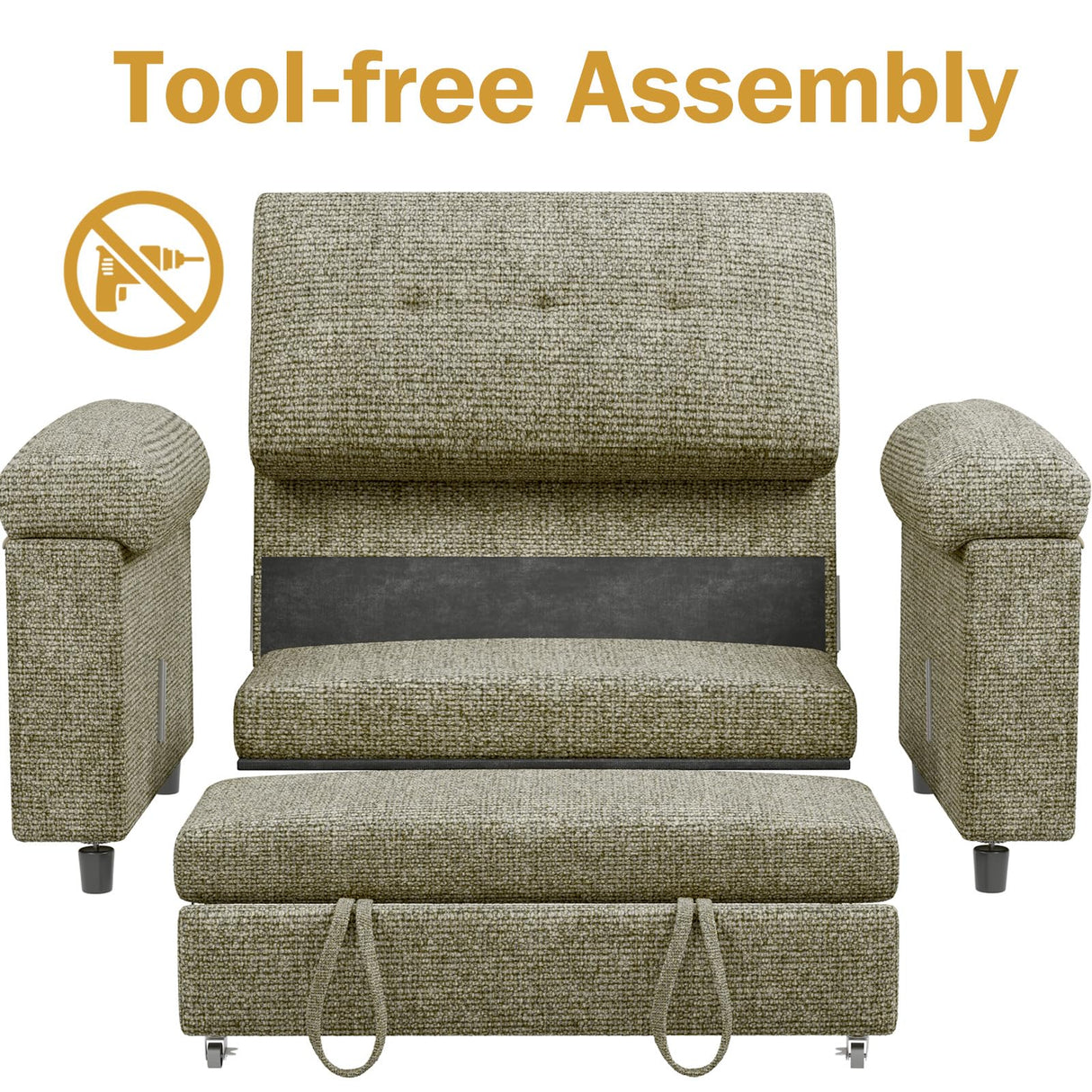 Sunny Heart Chenille 3 in 1 Convertible Sleeper Sofa Bed, Pull Out Couch Bed with USB Ports, Reclining Backrest, Side Pockets, Tool-Free Assembly, Loveseat Perfect for Living Room, Green Sunny Heart