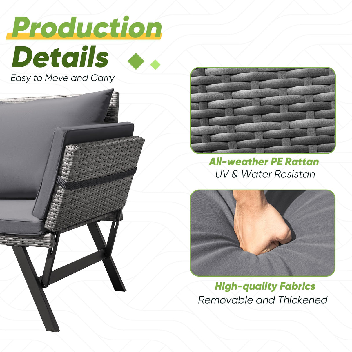 Greesum Outdoor Sofa, Woven Rattan Patio Furniture, Convertible Daybed or Double Chair with Adjustable Armrests, Cushions and Pillows for Yard, Porch, Pool, Gray Lounger & Blue Pillowcase Greesum