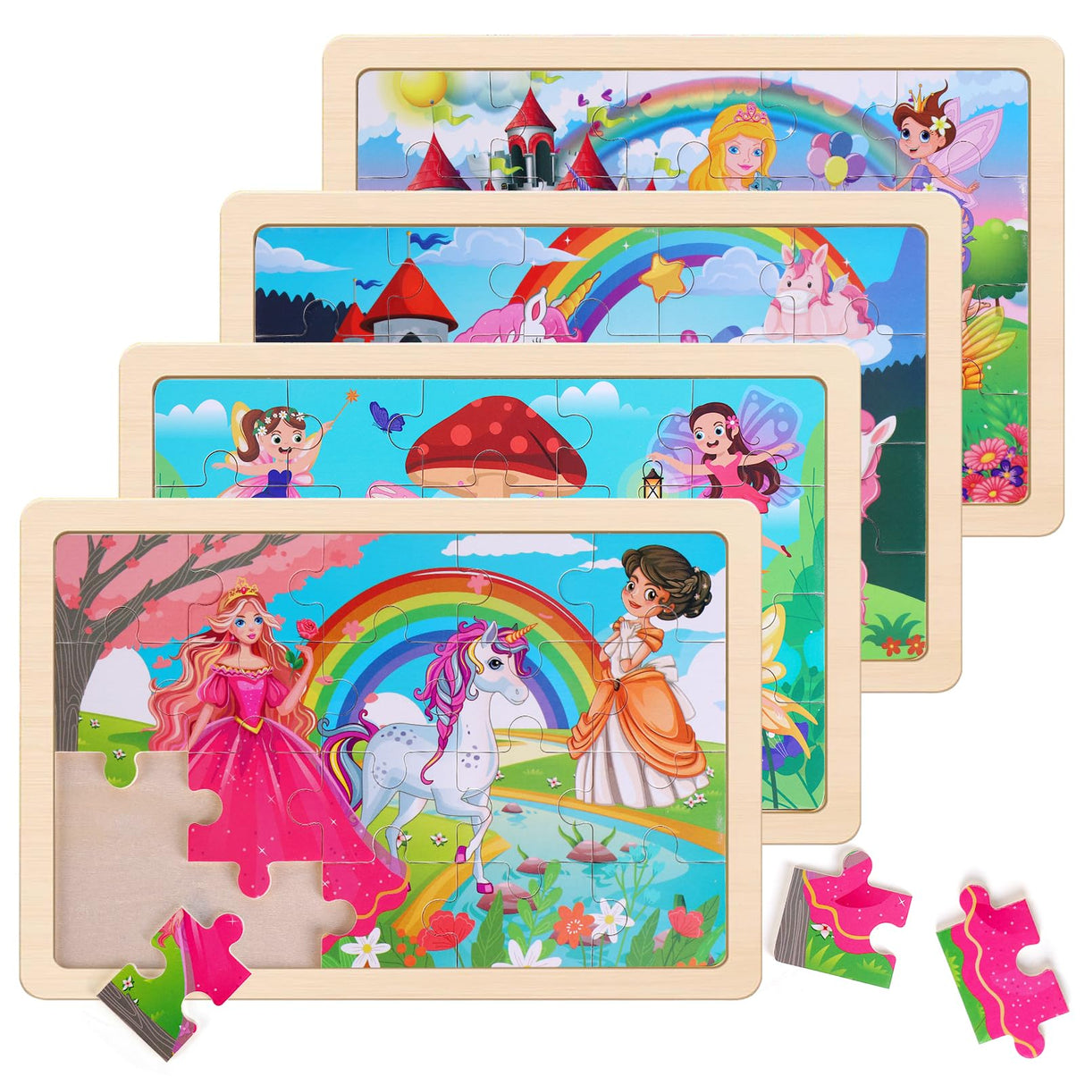 Wooden Educational Jigsaw Puzzles for Preschool Kids Ages 3-5, 4-Pack with 20 Pieces Unicorn Princess Wood Puzzles Set, Toddler Brain Teaser Toys, Preschool Gifts for Boys Girls Ages 3 4 5 6 NASHRIO