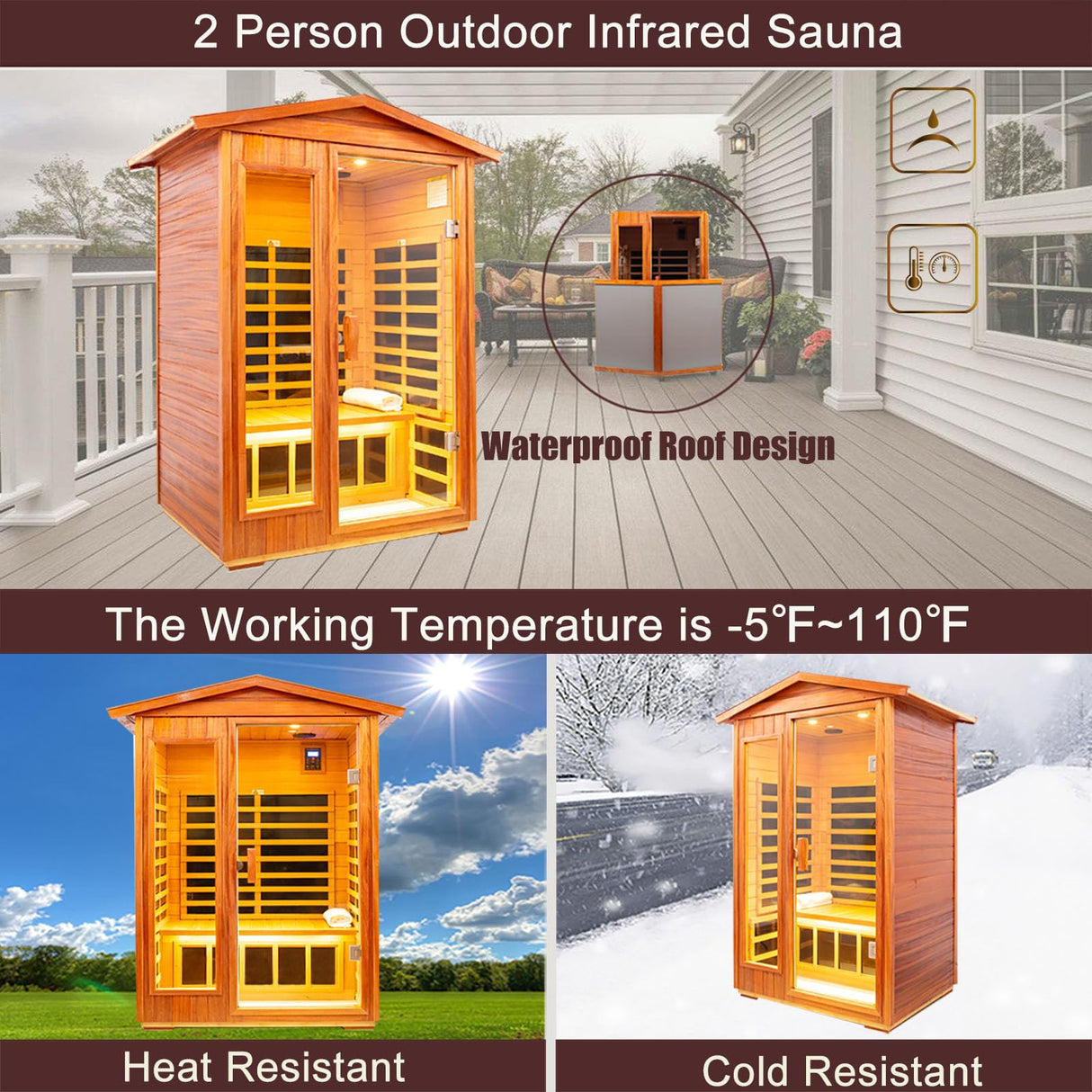 KUNSANA Outdoor Sauna 2 Person Infrared Sauna Far Infrared Saunas for Home Low EMF Home Sauna Spa Mahogany Wood Sauna Room with Bluetooth Speakers, LED Reading Lamps, Chromotherapy Lights KUNSANA