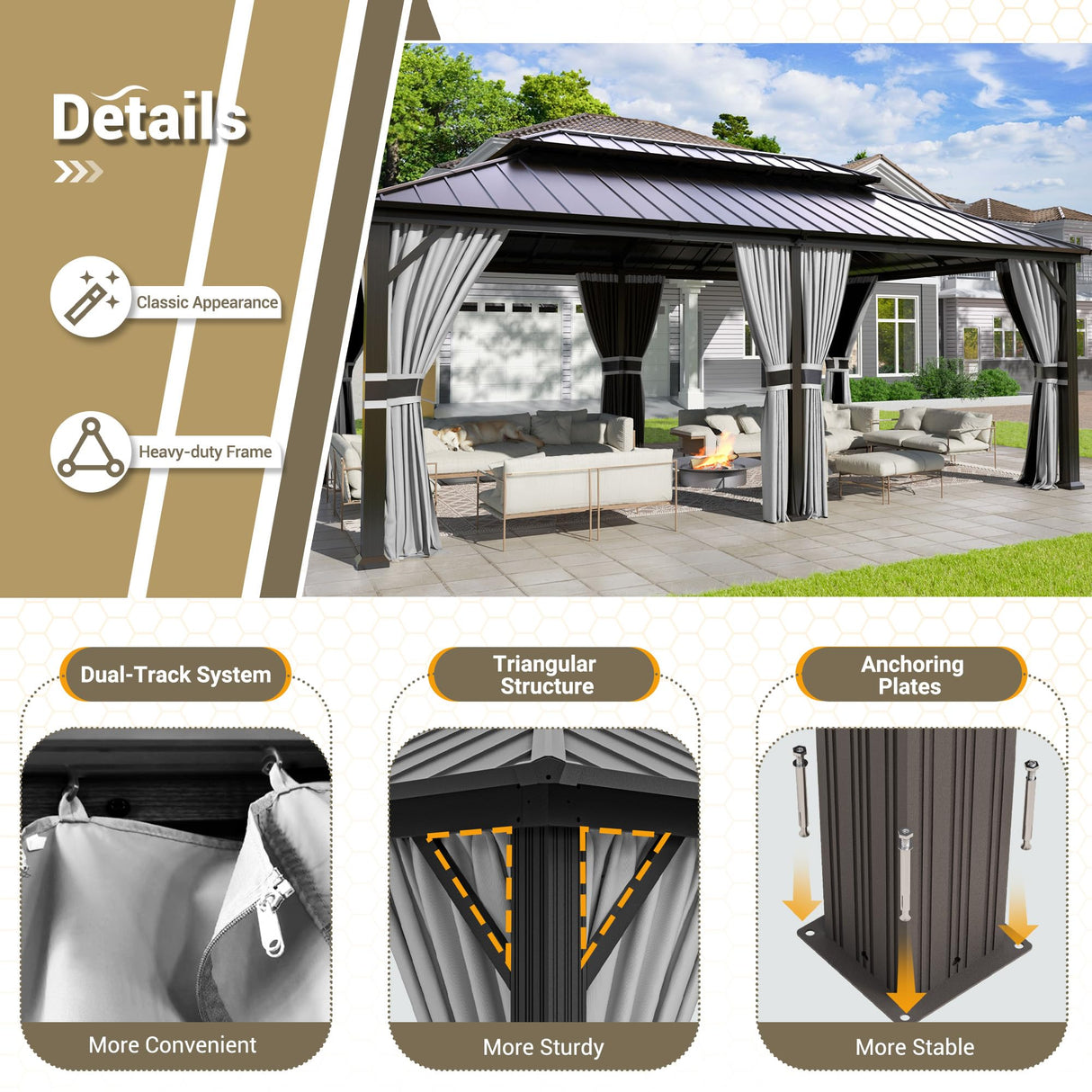 UDPATIO 12' x 20' Hardtop Gazebo, Galvanized Steel Double Roof Permanent Aluminum Gazebo, Outdoor Metal Pergolas with Mosquito Netting and Curtains for Garden, Parties, Patio, Deck, Lawns, Grey UDPATIO