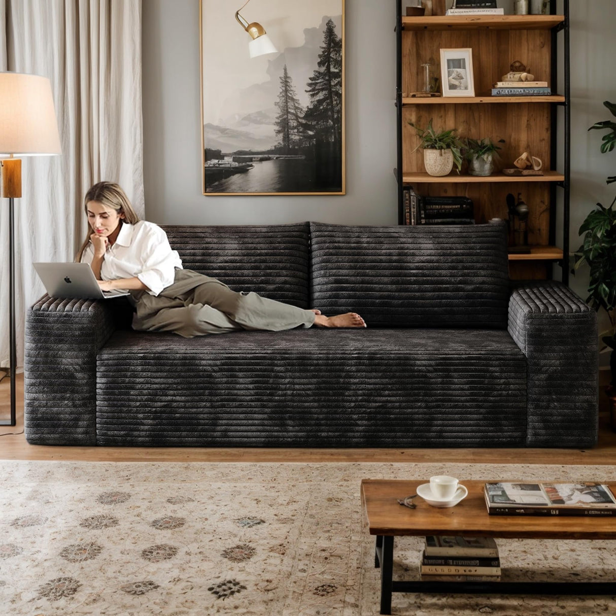 63" Cloud Loveseat Sofa in a Box for Living Room, Corduroy 2-Seater Boneless Couch 2 Throw Pillows, Modern Sponge Double Sofas with Deep Seat for Small Spaces, No Assembly Required (Black, 63 inch) KavlSean