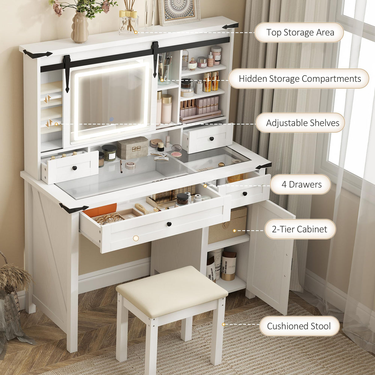 HOMCOM Farmhouse Vanity Desk with Mirror, Rustic Makeup Vanity Table with LED Lights, Cushioned Stool, 42 Inch Glass Tabletop, Drawers & Shelves & Cabinet, Dressing Table Set for Bedroom, White HOMCOM