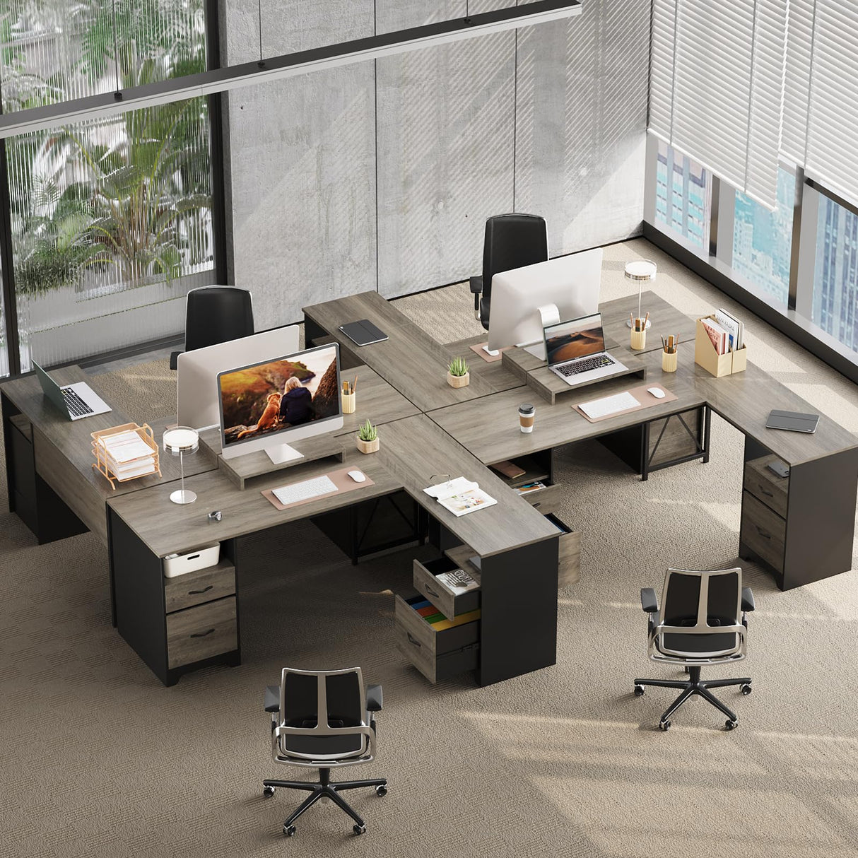 Bestier L Shaped Desk with 4 Drawers, 63" x 47" Executive Desk with Open Storage & Monitor Stand, Corner Desk with 2 File Drawers & Modesty Panel for Home Office, Gray Bestier