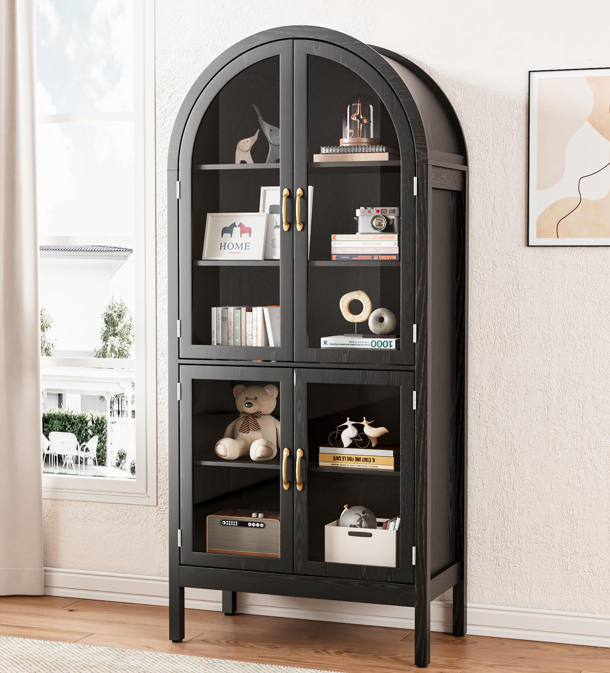 70.9'' Tall Arched Display Cabinet with Acrylic Glass Doors, Modern 5-Tier Arched Bookcase, Kitchen Pantry Storage Cabinet Curio Cabinets for Living Dining Room (Black, 31.5‘’W) Lxsxlome
