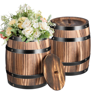 GlikCeil 2 Pcs Wood Wine Barrel Vase 8" x 6.5" Vintage Flower Vase Container Rustic Barrel Planter for Wedding Reception Table Decoration Home Indoor Outdoor Garden Kitchen Party