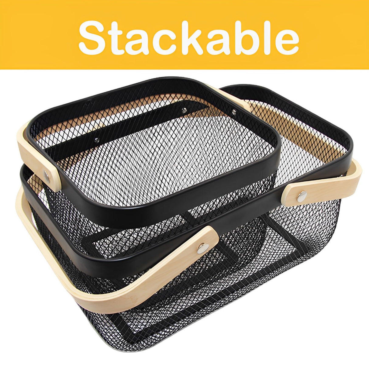 Cheardia 2 Pack Picnic Baskets, Metal Mesh Harvest Basket with Foldable Wooden Handle, Rectangle Garden Storage Basket Bin for Vegetable Fruit Garden Kitchen Cabinet Picking Gathering Cheardia
