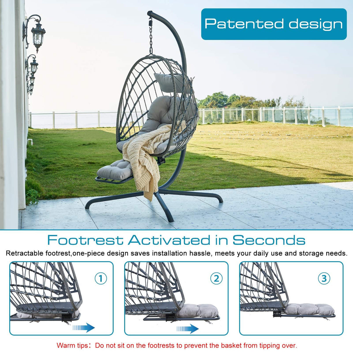 Hanging Egg Chair with Stand and Leg Rest โ Rattan Wicker Swing Hammock Chair, UV-Resistant Cushion, Heavy-Duty Frame for Indoor & Outdoor Patio, Bedroom, Balcony, Garden โ 330 lbs Capacity. Outlux