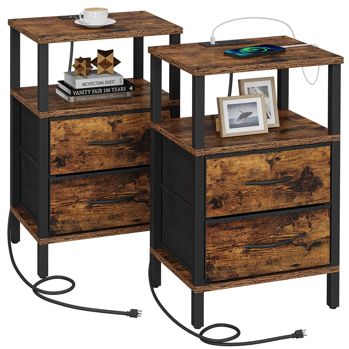 TUTOTAK End Table with Charging Station, Side Table with 2 USB Ports and Outlets, Nightstand with Cloth Drawer, Set of 2, Couch Table, Brown TB01BB067 TUTOTAK