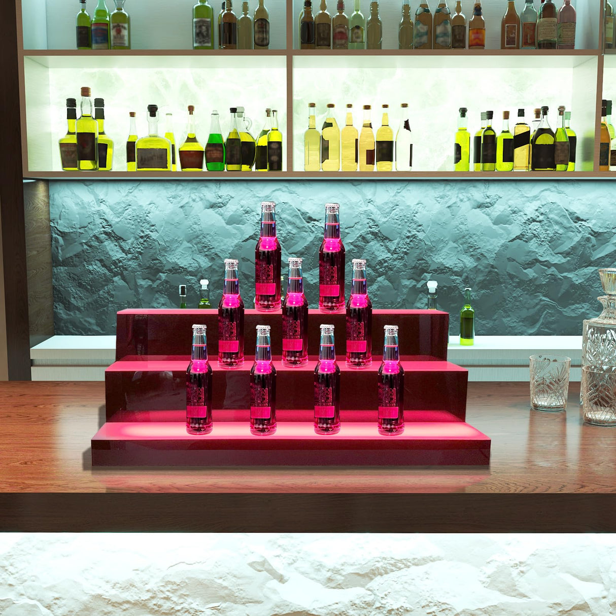Cozyel 39 Inch 3 Step LED Lighted Liquor Bottle Display Illuminated Liquor Bottle Bar Display Stand LED Display Shelf 3 Tier Home Bar Drinks Lighting Shelves with Remote Control Cozyel