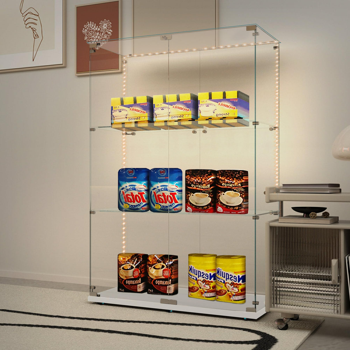 49.73" Tall Glass Display Cabinet with LED Lights&Rolling Wheels, Curio Glass Cabinet with 3 Shelves with 2 Door, Quick-Install Style Floor Standing Bookshelf File Cabinet for Home Office Kootlena