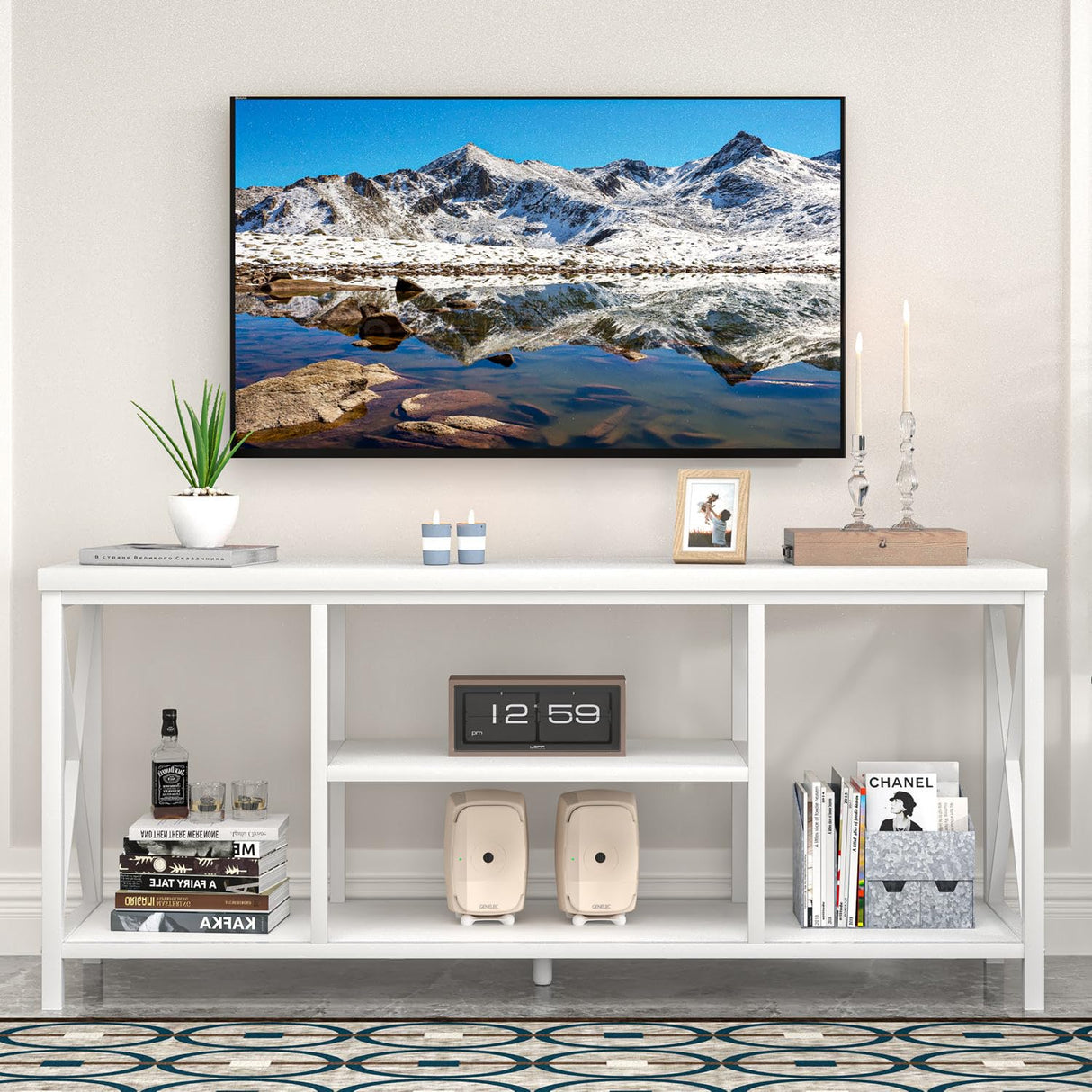 EXCEFUR 55 inch TV Stand for TV up to 65 inch, Modern Media TV Console with Storage Shelves, Entertainment Center for Living Room, Bedroom, White Oak EXCEFUR