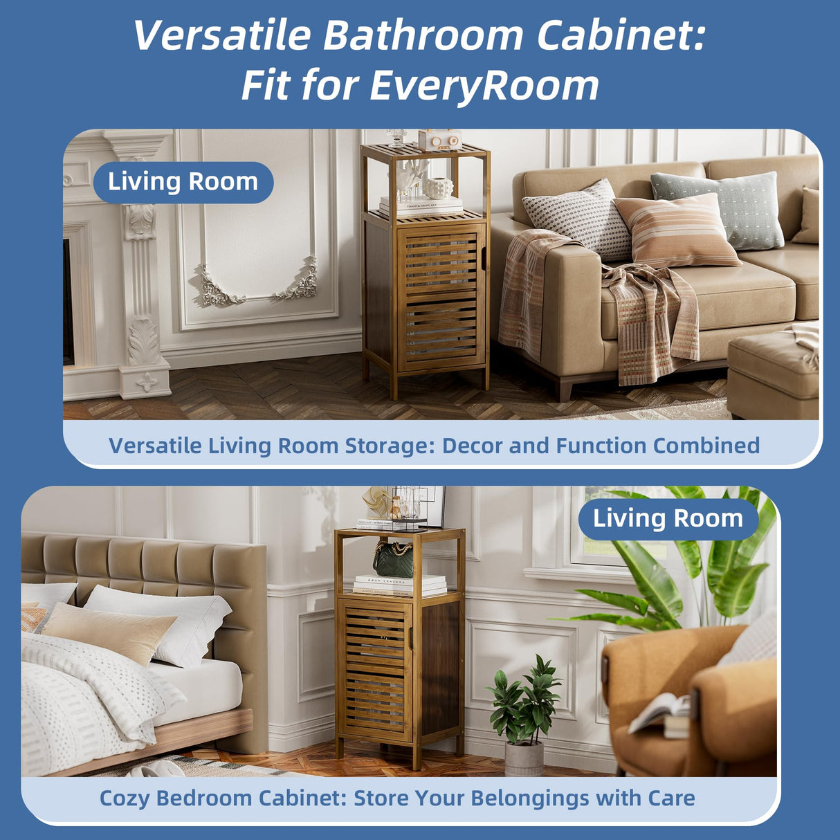 HITNET Bathroom Cabinet, Bamboo Floor Cabinet Free Standing, 4 Tier Sofa Side Storage Cupboard for Living Room Kitchen Bedroom, Walnut HITNET