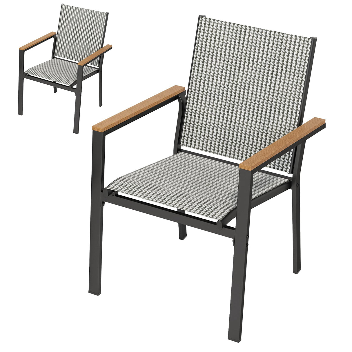 DWVO Stackable Patio Chairs Set of 2, All-Weather Patio Seating with Olefin Fabric and Faux Wood Armrests, Black & White Plaid Pattern DWVO