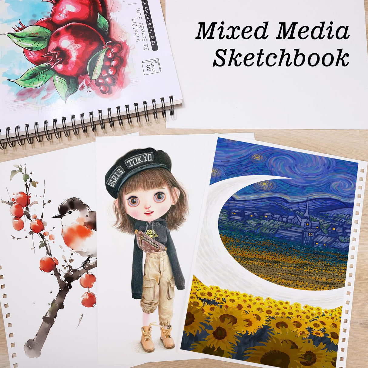 4 Pack Mixed Media Sketchbook, 9x12 inches Drawing Paper Sketch Book, 98lb/160gsm Heavyweight Spiral Bound Sketch Pads, Suitable for Wet and Dry Media, Drawing, Painting, Sketching(200 Sheets) Prudiut