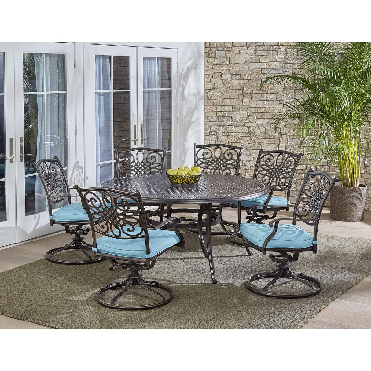 Hanover Traditions 7-Piece Patio Dining Set with 60" Round Cast-Top Table and Swivel Rockers with Blue Cushions, Patio Dining Set for 6, Premium Weather Resistant Outdoor Dining Set Hanover