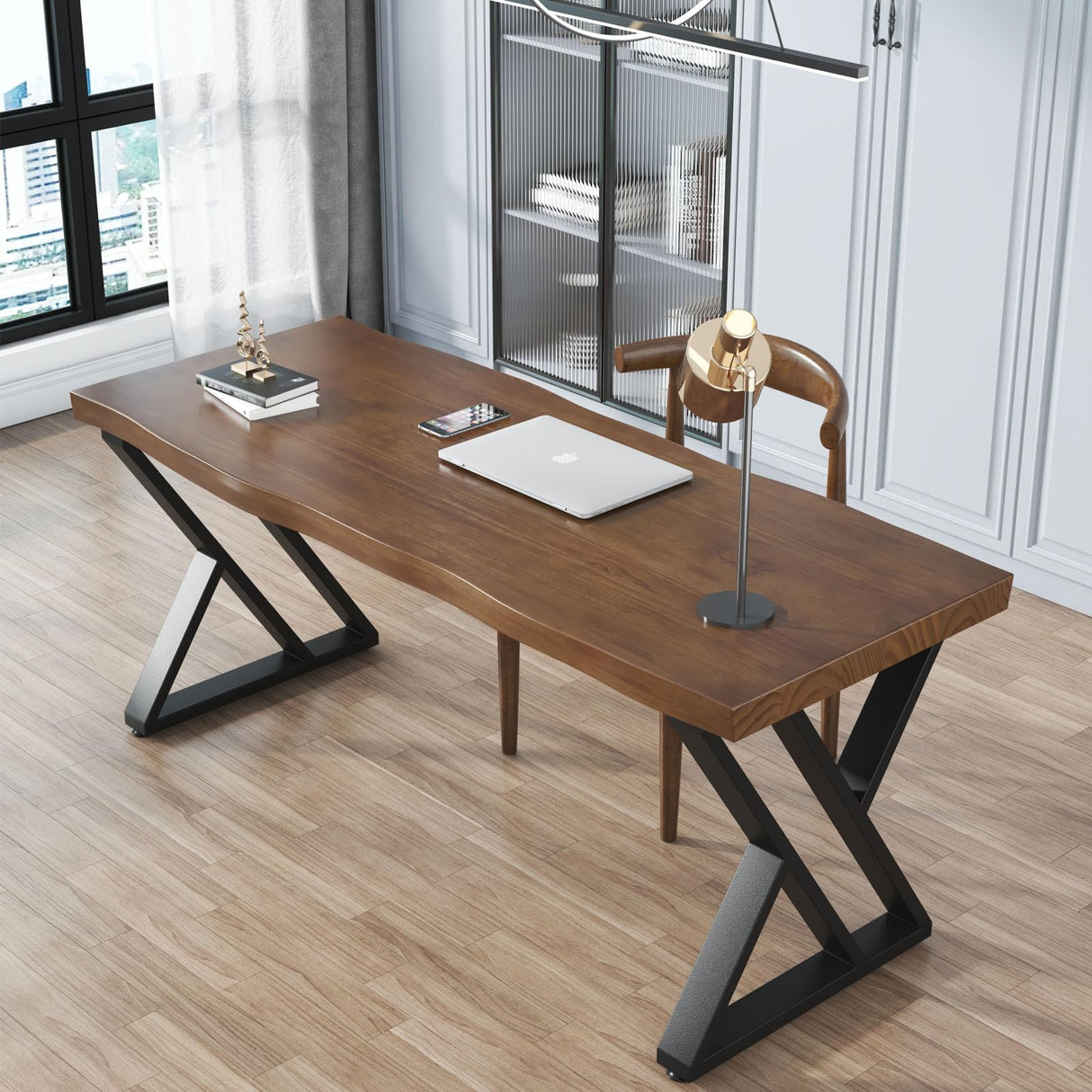 Sihtengxxhongs Rustic Style Solid Wood 55-inch Computer Desk - Large Office Desk for Home Office, Modern and Simple Design, Ideal for Study, Writing, Sihtengxxhongs