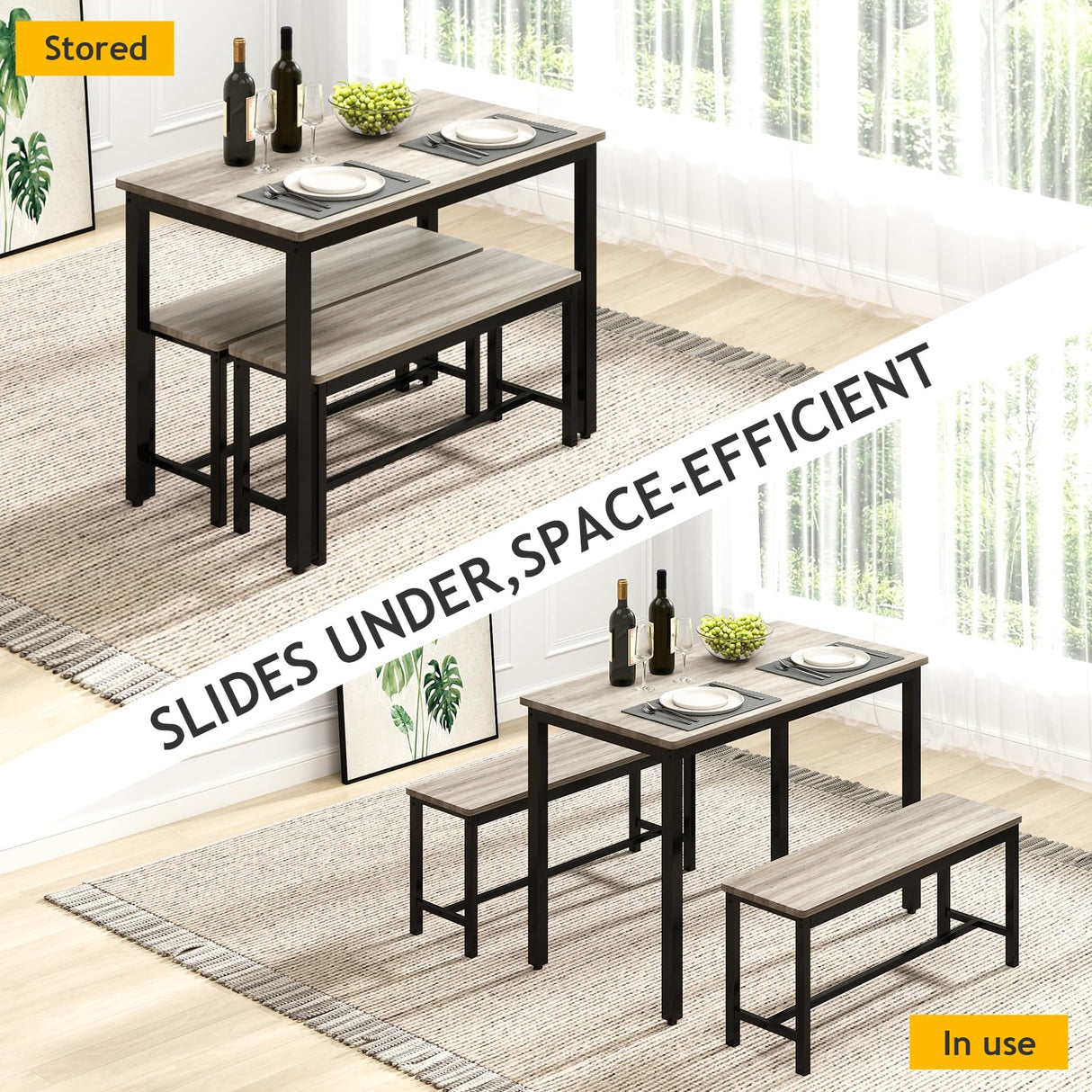 Rovibek Dining Table Set for 4 with 2 Benches – Space-Saving Kitchen Table Set for Kitchen & Dining Room, Grey Rovibek