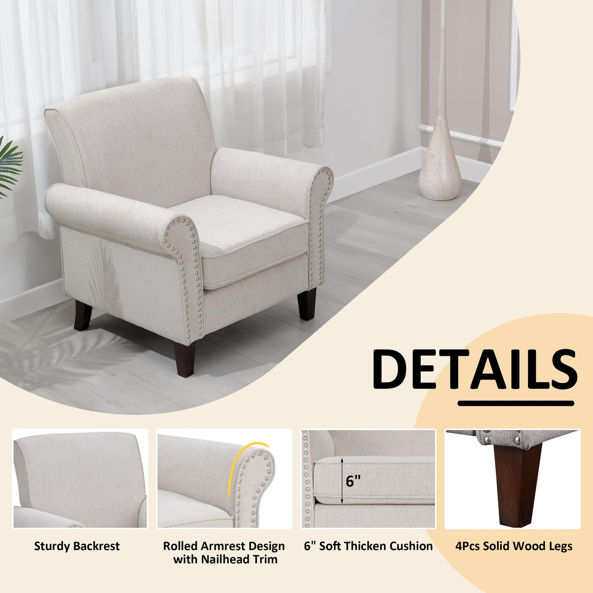 PrimeZone Comfy Accent Chair, Mid-Century Modern Fabric Living Room Chair Reading Chair with Soft Cushion, Nailhead Trim & Rolled Armrest, Arm Chair Sofa Chair for Bedroom Waiting Room Office, Beige PrimeZone