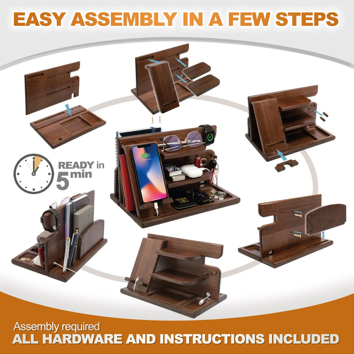 TESLYAR Wood Phone Docking Station for Men - Desktop or Nightstand Organizer - Birthday gifts for Men or Dad - Anniversary Idea from Wife - Key Holders, for Wallet, Watch & Essentials (Chestnut Brown) TESLYAR