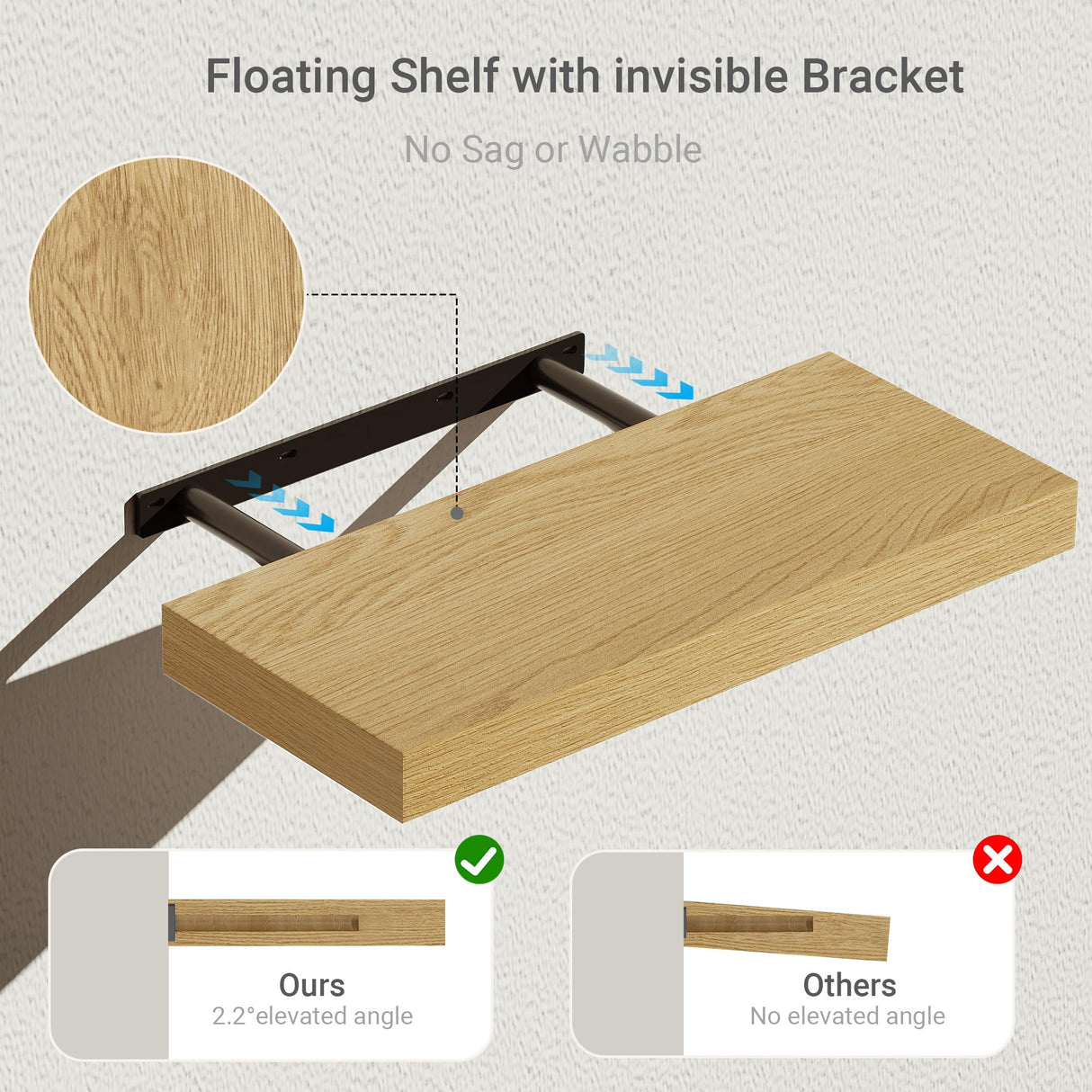 Vivelove Floating Shelves for Wall Mounted, 16 inchs Shelf for Small Bathroom, Bedroom, Living Room, Kitchen, Modern Home Decor, Rustic Farmhouse Wall Shelves with Invisible Brackets - Set of 2, Oak Vivelove