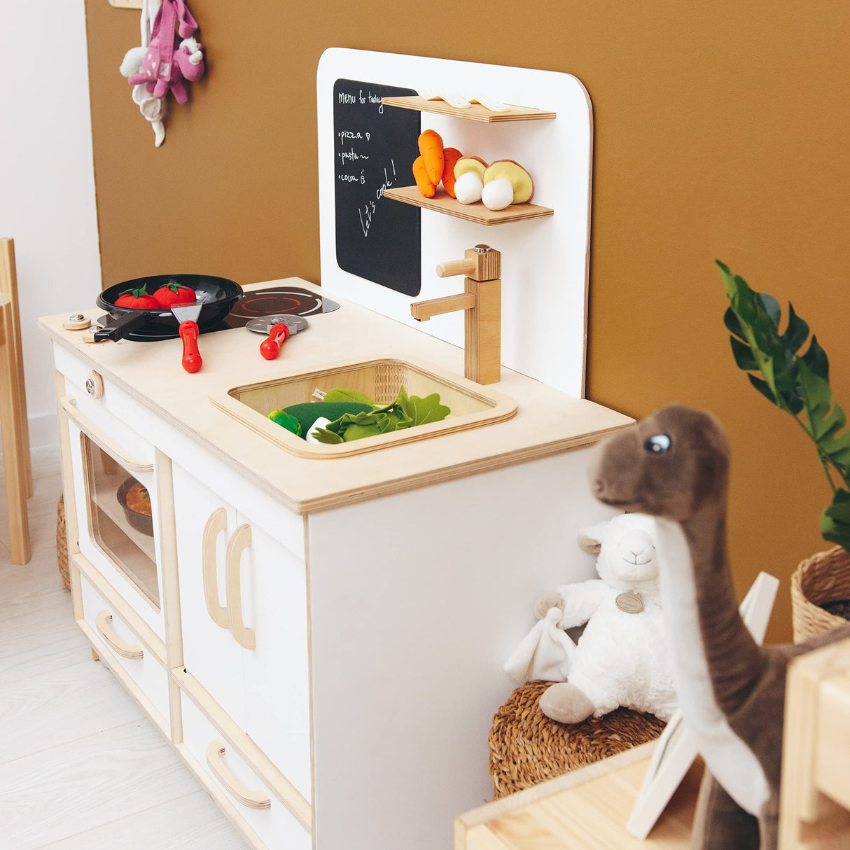 Kids Pretend Play Kitchen Wooden Montessori Playroom Furniture Nursery Decor Birthday Gift for Toddler Girl Wood Natural Baby Neutral Room (Natural) Enjoy The Wood