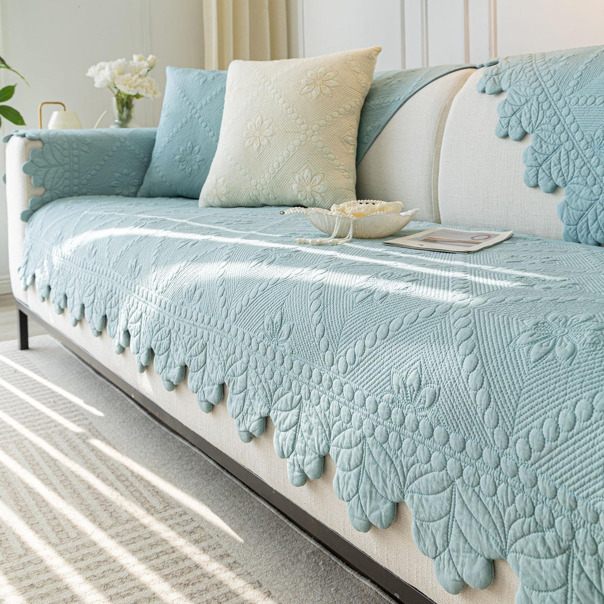 XSlive Cotton Quilted Dog Couch Cover for Sofa Farmhouse Rustic Embroidery Sectional Couch Cover Soft Anti-Slip Sofa Slipcover Furniture Protector for Kids, Pets (Blue,28"x28") XSlive