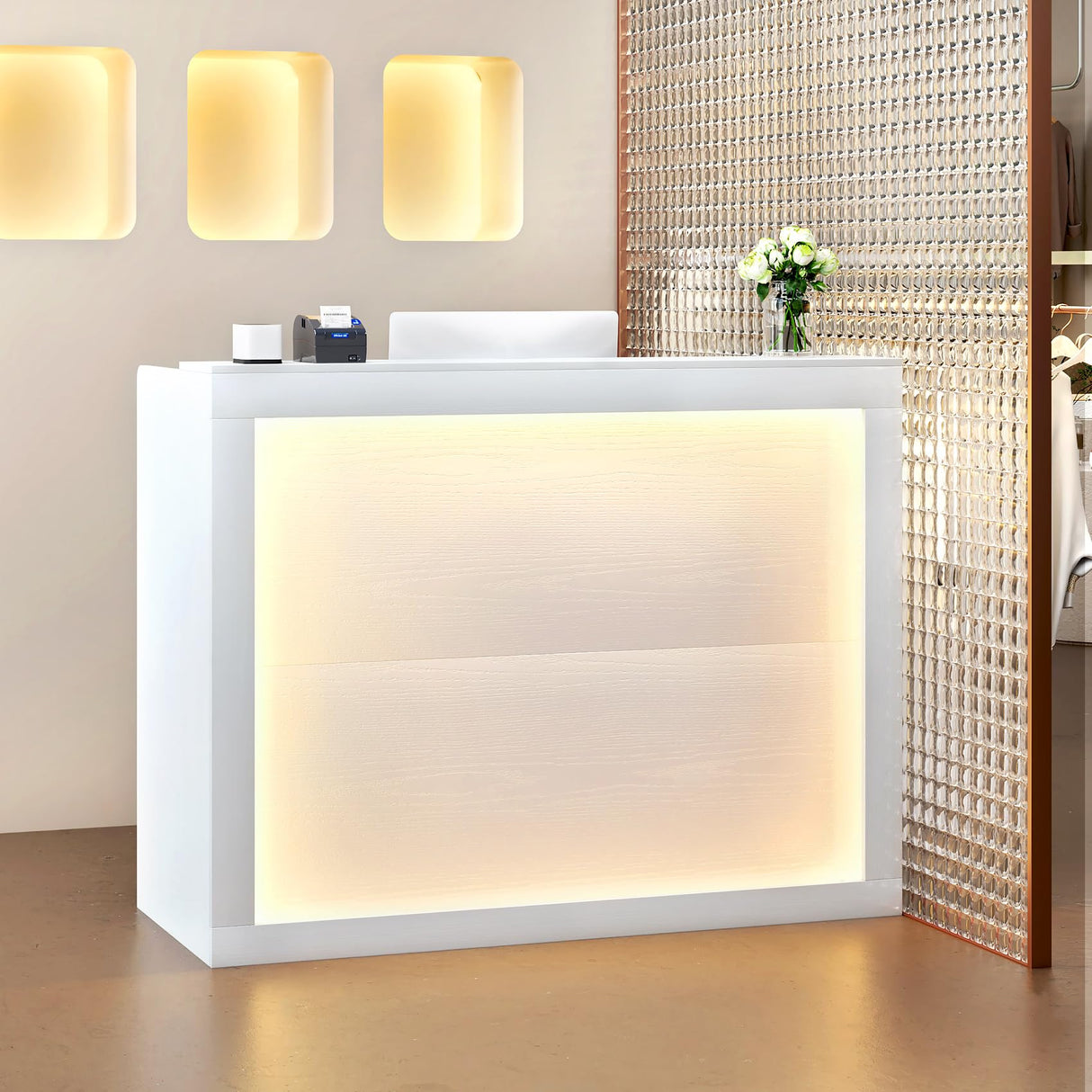 TC-HOMENY Reception Desk with LED Lights, 55'' Retail Counter Modern with Storage Shelves and Cable Grommet, Front Table, Salon Desk, Office Table,White TC-HOMENY