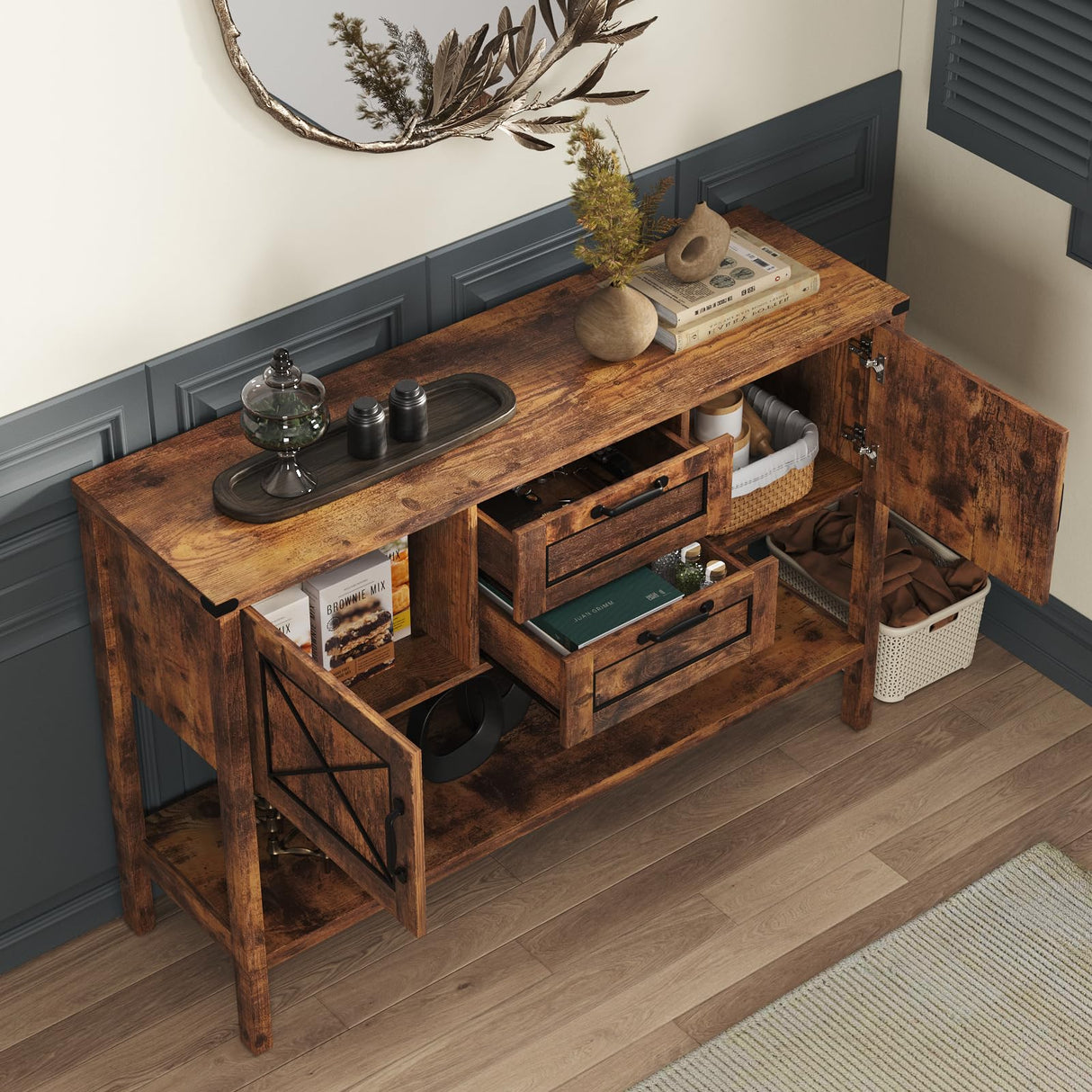 Maupvit Console Table with Storage,Farmhouse Sideboard Buffet Cabinet Kitchen Sideboard Cabinet with Storage Drawers and Bottom Shelf (Brown) Maupvit