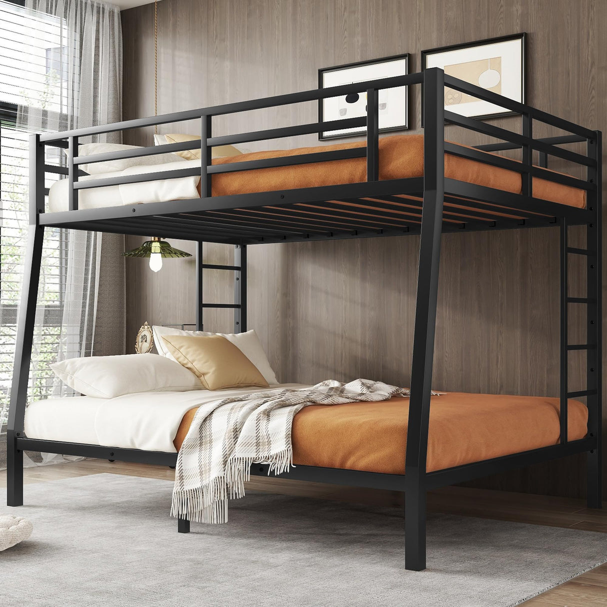 Bellemave Full XL Over Queen Bunk Bed for Adults, Full XL Over Queen Bunk Bed Frame with 2 Ladder and Full Length Guardrail, Easy Assemble, Mattress Not Included, Black Bellemave