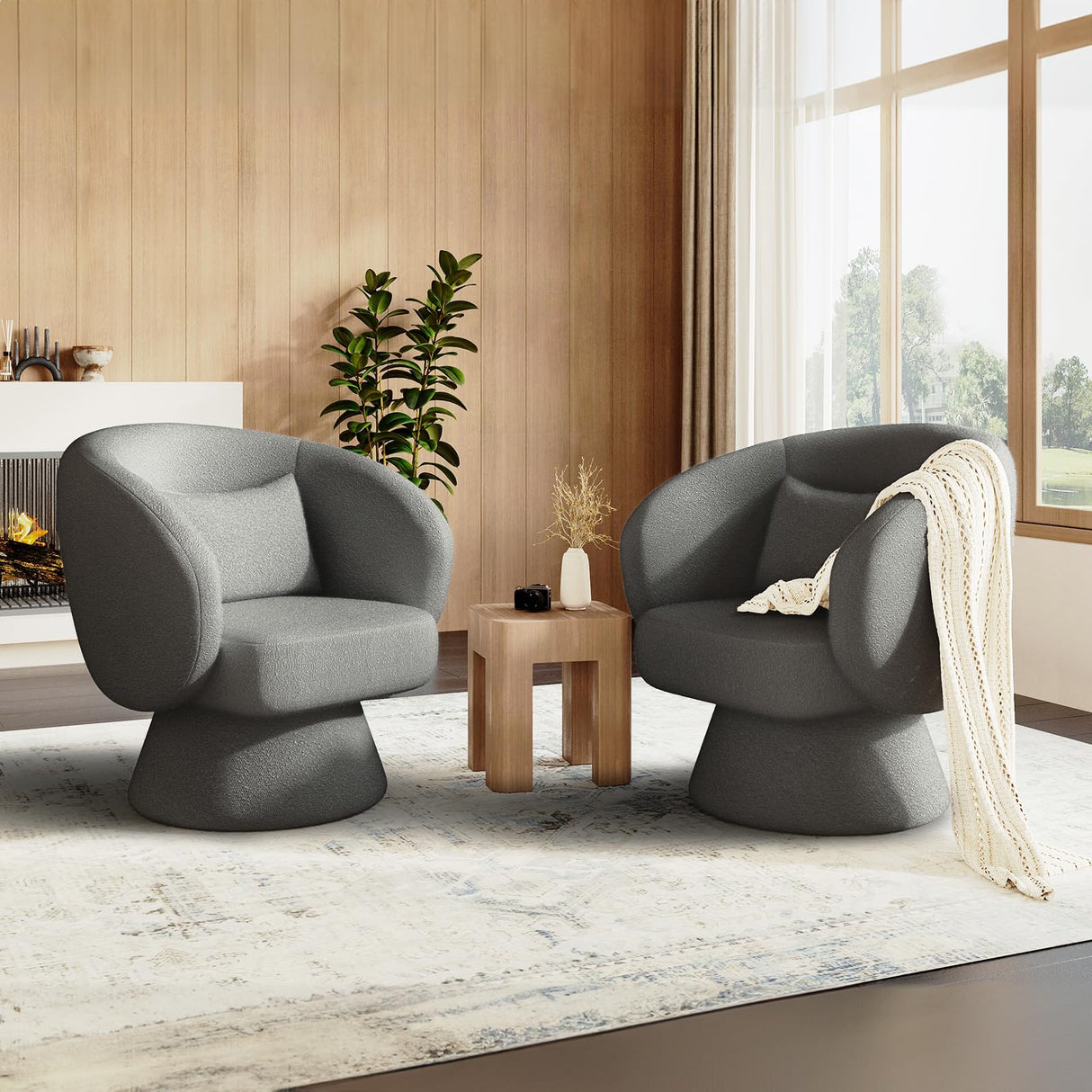 Swivel Accent Chair, Modern Upholstered Barrel Chair with 360° Swivel, Soft Teddy Fabric & Extra Lumbar Pillow, Stylish Round Accent Chair for Living Room, Bedroom, Nursery – Darkgrey,2PC COLAMY