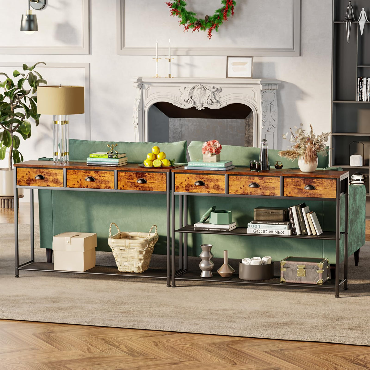 Rustic Brown 38'' Furologee Console Sofa Table with 3 Fabric Drawers and Storage Shelves Furologee