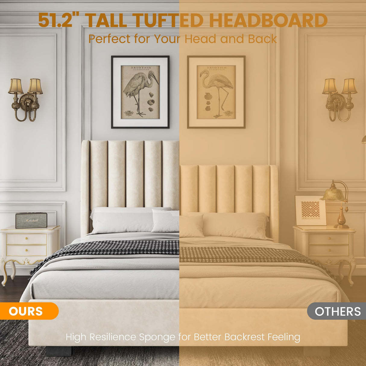 King Size Upholstered Lift Up Storage Bed Frame with 51.2" Tall Headboard, Velvet Wingback Tufted Design, Wood Slats Support, No Box Spring Required, Noise-Free Double Low Bed Frame (King,Beige) knoworld