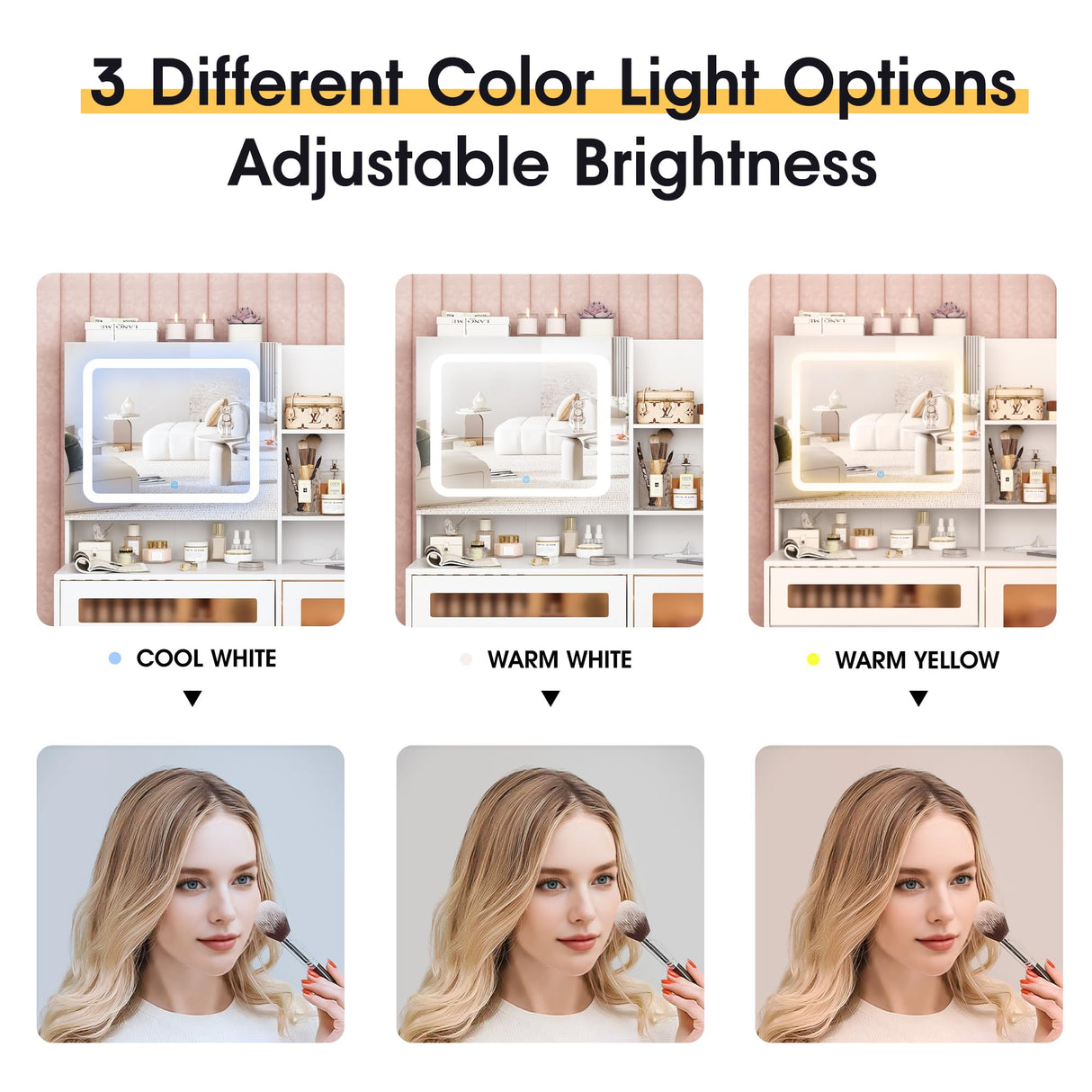 Fameill Vanity Desk with LED Sliding Mirror, Dressing Table with 4 Drawers and Stool Set, RGB Lights, Makeup Vanity 3 Color Lighting Modes Adjustable Brightness, Charging Station, White Fameill