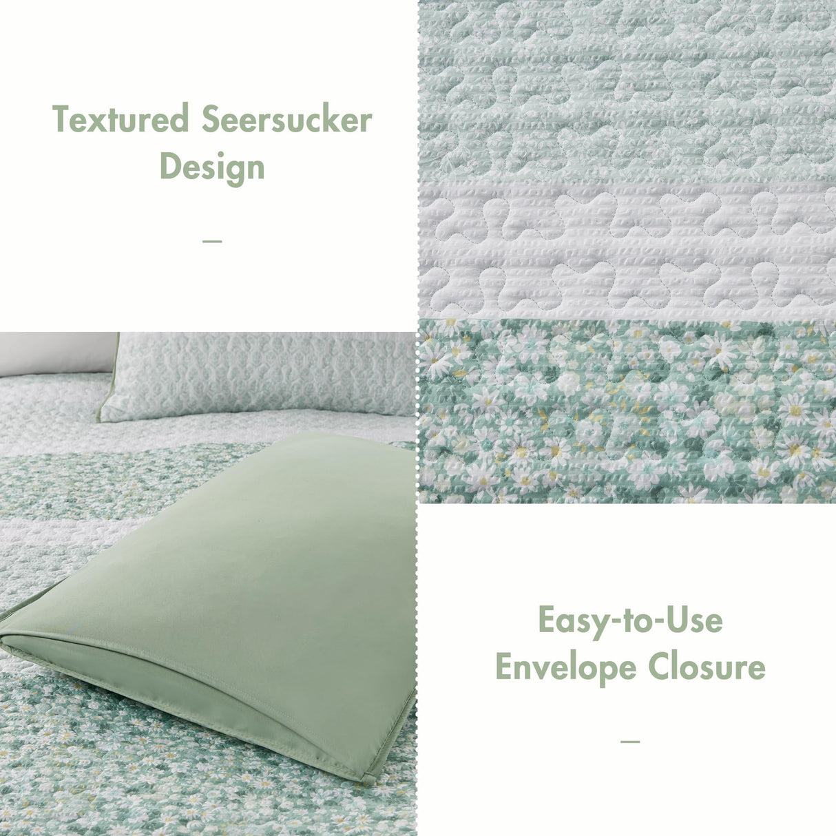 Madison Park Quilt Set, Seersucker Floral Coverlet for King Size Bed, All Season Lightweight Bedding, Farmhouse Quilt Set, Vermicelli Quilting, Throw Pillow, Caralie, King/Cal King Green 4 Piece Madison Park