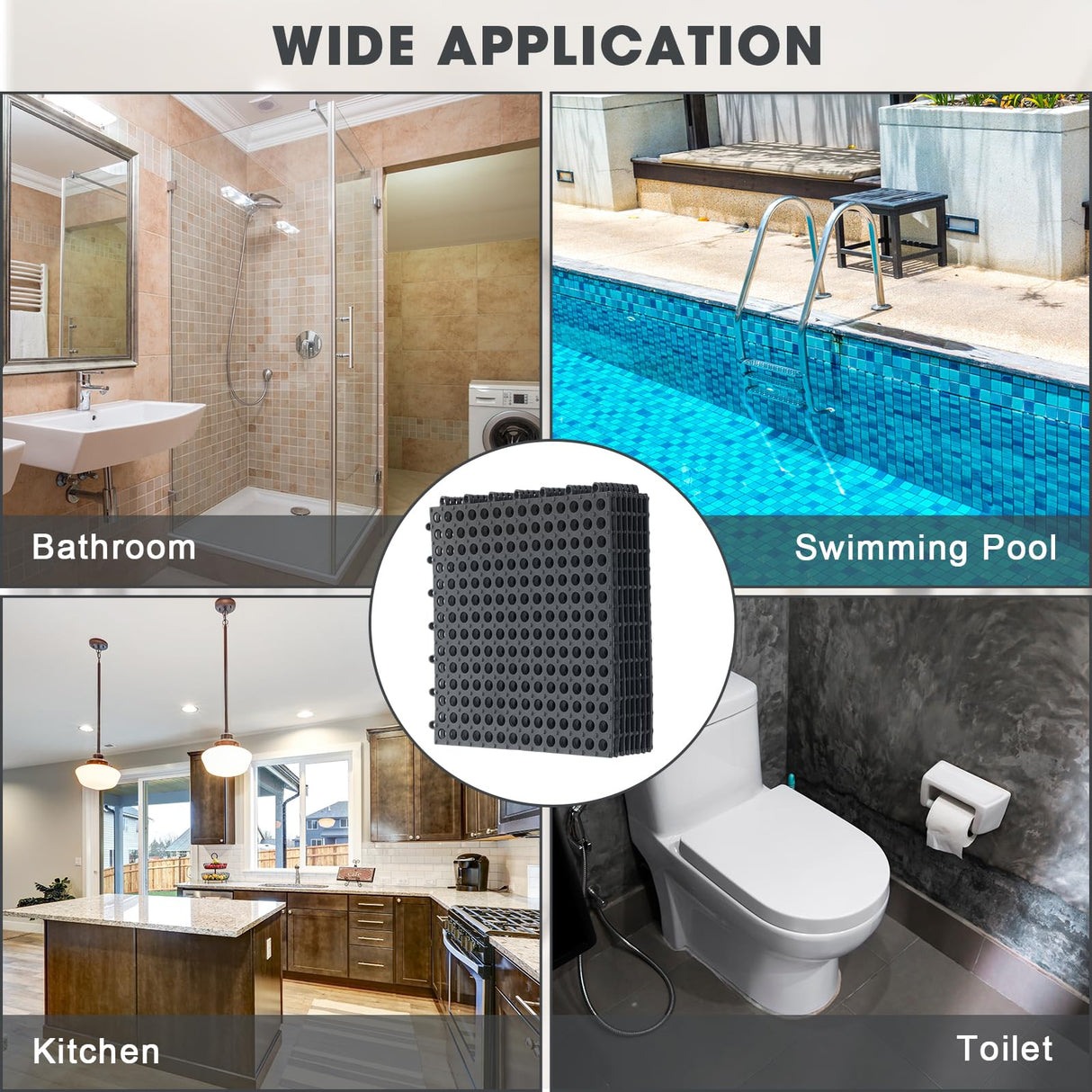 Drydiet 12 Pack Drainage Tiles Modular Interlocking Floor Tiles with 1 Pc Plastic Hammer 12" x 12" Cushion Mat Non Slip Rubber Floor Tiles with Holes for Pool Bathroom Deck Kitchen Patio (Black) Drydiet