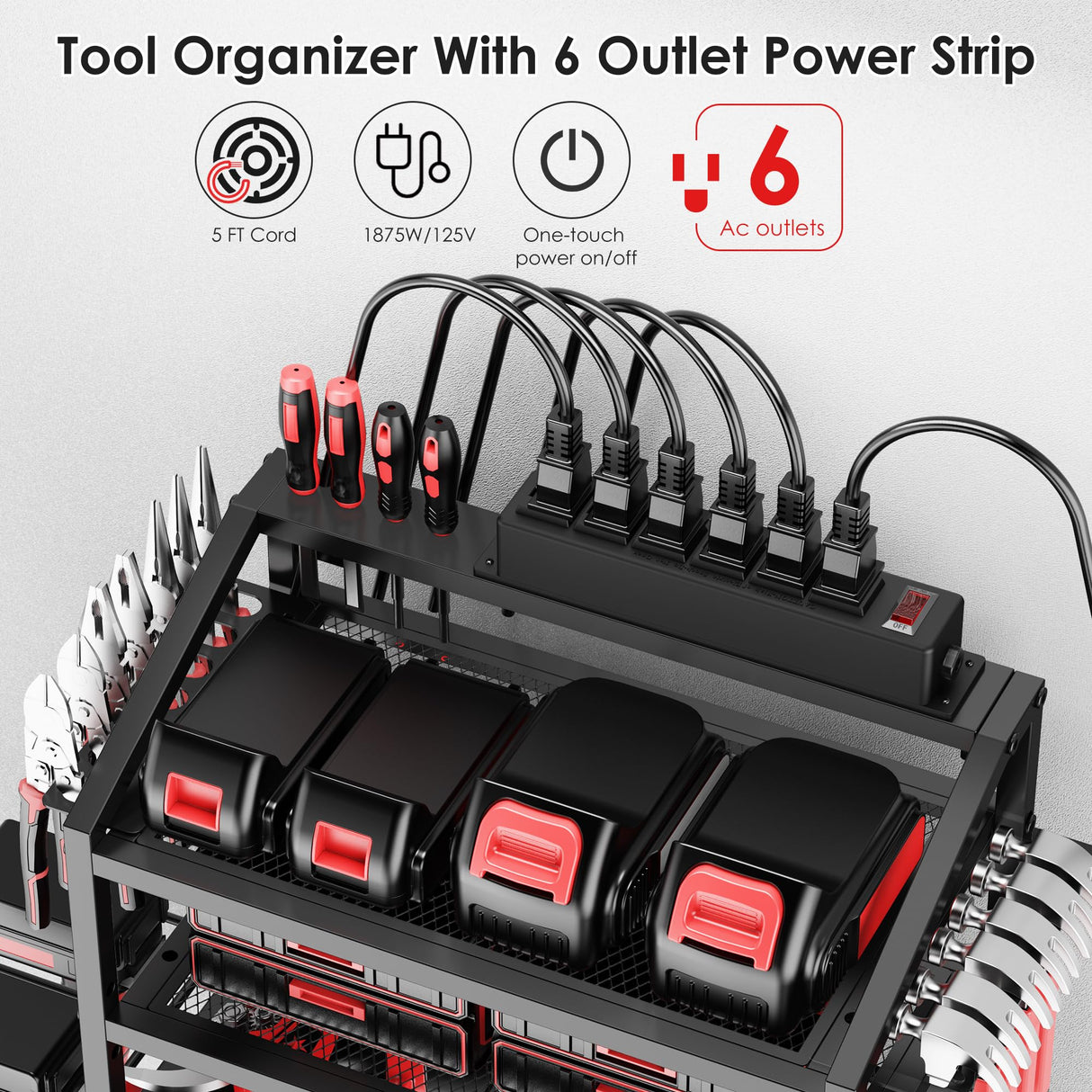 Power Tool Organizer Wall Mount with Charging Station, 4 Layer Storage Rack and Tool Holder for Garage Organization, 6 Drill Holder Wall Mount, 4 Hooks and 6 Outlet Power Strip, Great Men's Gift FULOOPHI