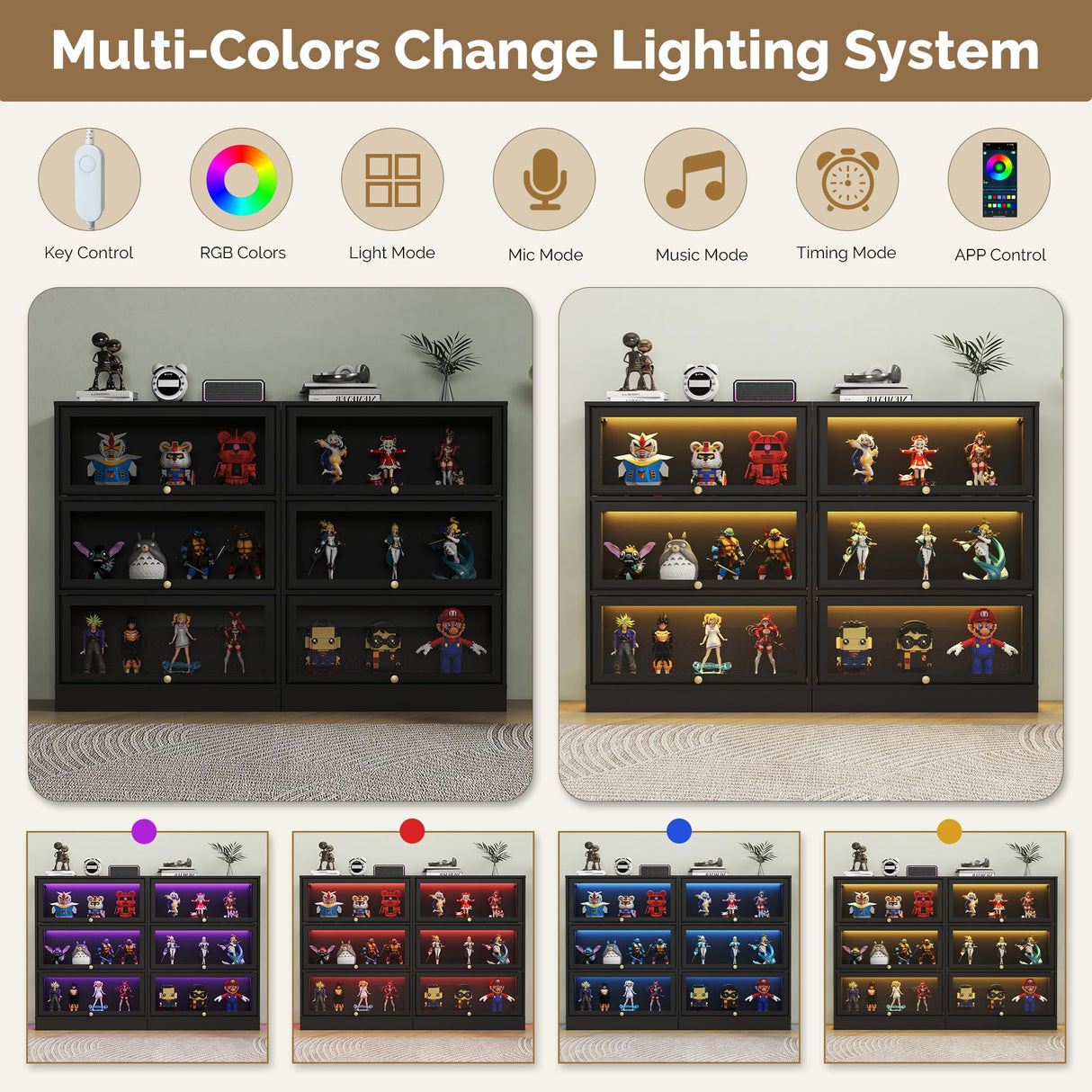 BONITURE Display Cabinet with Acrylic Glass Doors,3-Tiers Curio Cabinet with LED Lighting for Collectibles, Collectibles Toy Organizers Rack & Display Shelf Display Case Storage Cabinet, Black BONITURE