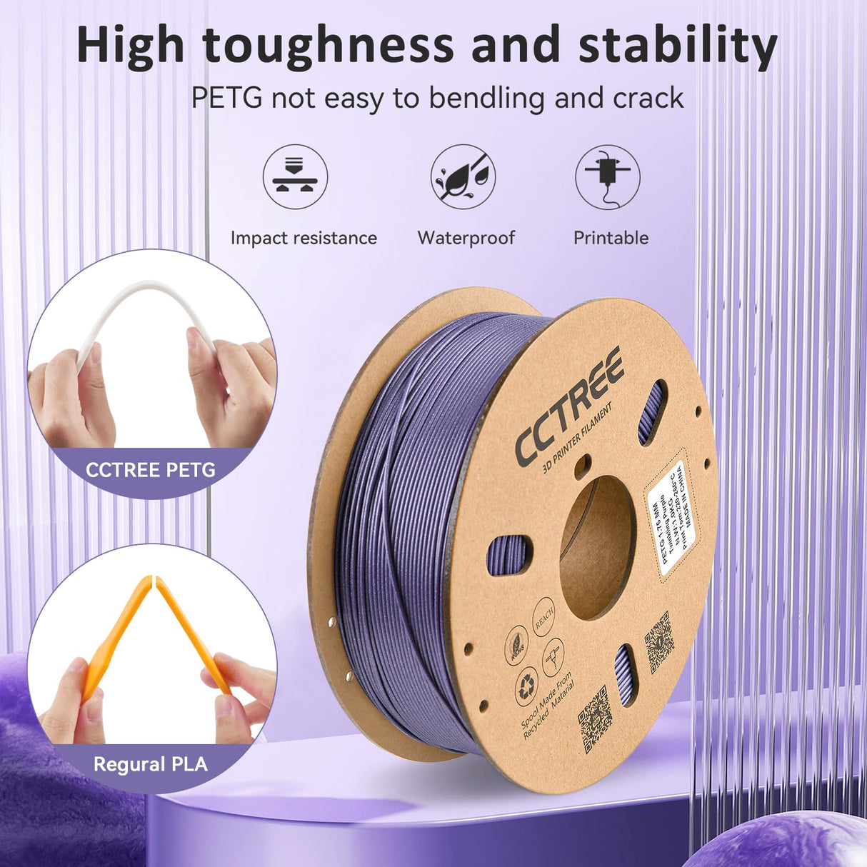 CCTREE PETG Filament 1.75mm, Dimensional Accuracy +/- 0.03mm, 1kg Spool(2.2lbs), Less Stringing Good Layer Adhesion High Toughness 3D Printing Filament, Fit Most 3D Printers, Galaxy Purple CCTREE