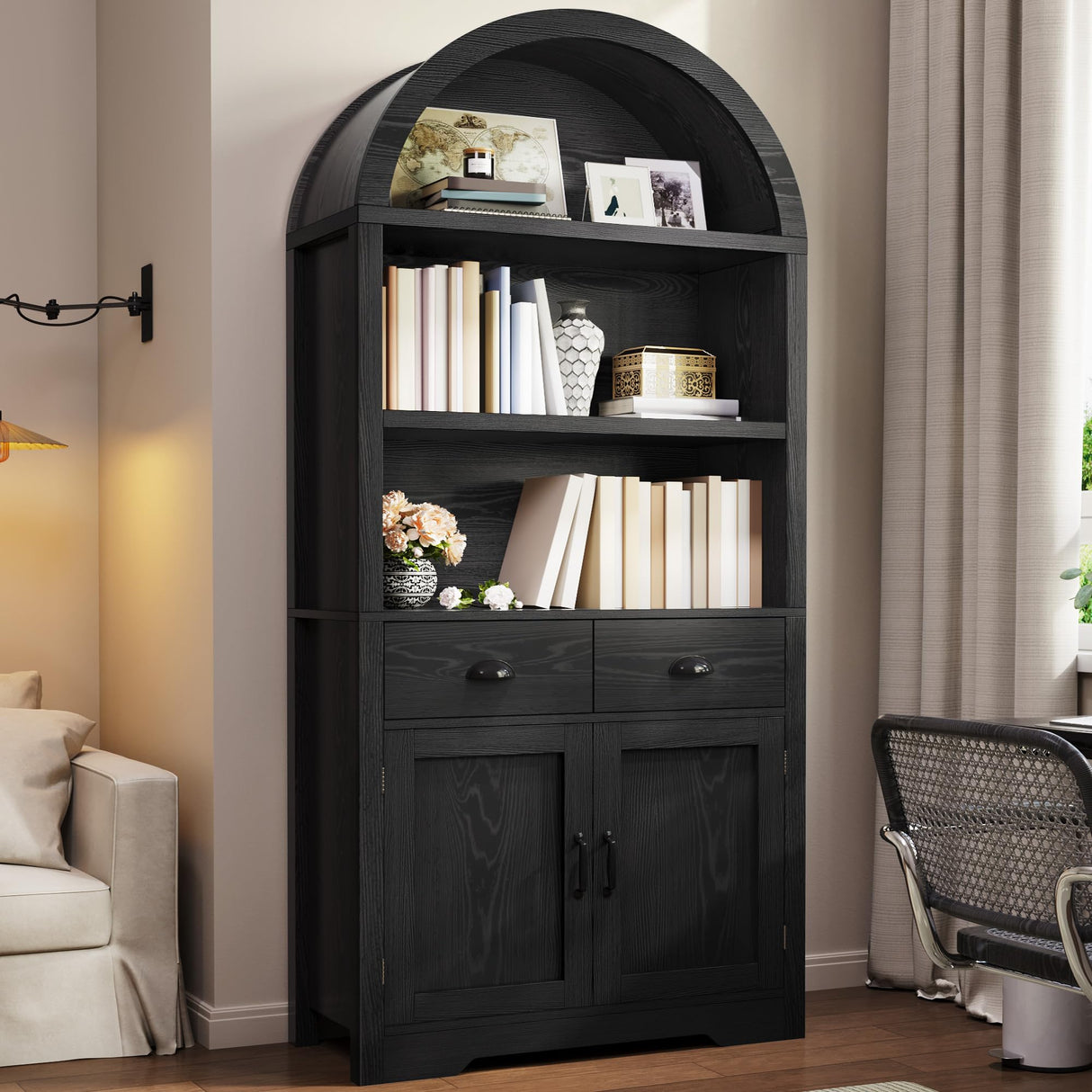 YITAHOME Arched Bookshelf, 71" Tall Bookcase with Drawers Arched Bookcase with Storage, Bookshelf Display Storage Rack with Adjustable Shelves for Living Room, Office, Black YITAHOME