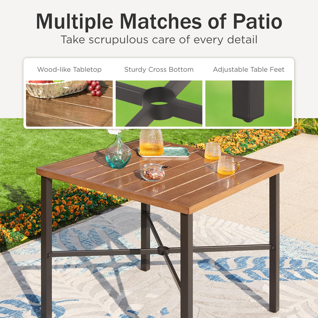 PHI VILLA 5 pcs Outdoor Bar Set, Outdoor Swivel Bar Stool with Red Seat Cushion and Lumbar Support,Extra Large Metal Bar Table with Umbrella Hole for Poolside Garden PHI VILLA