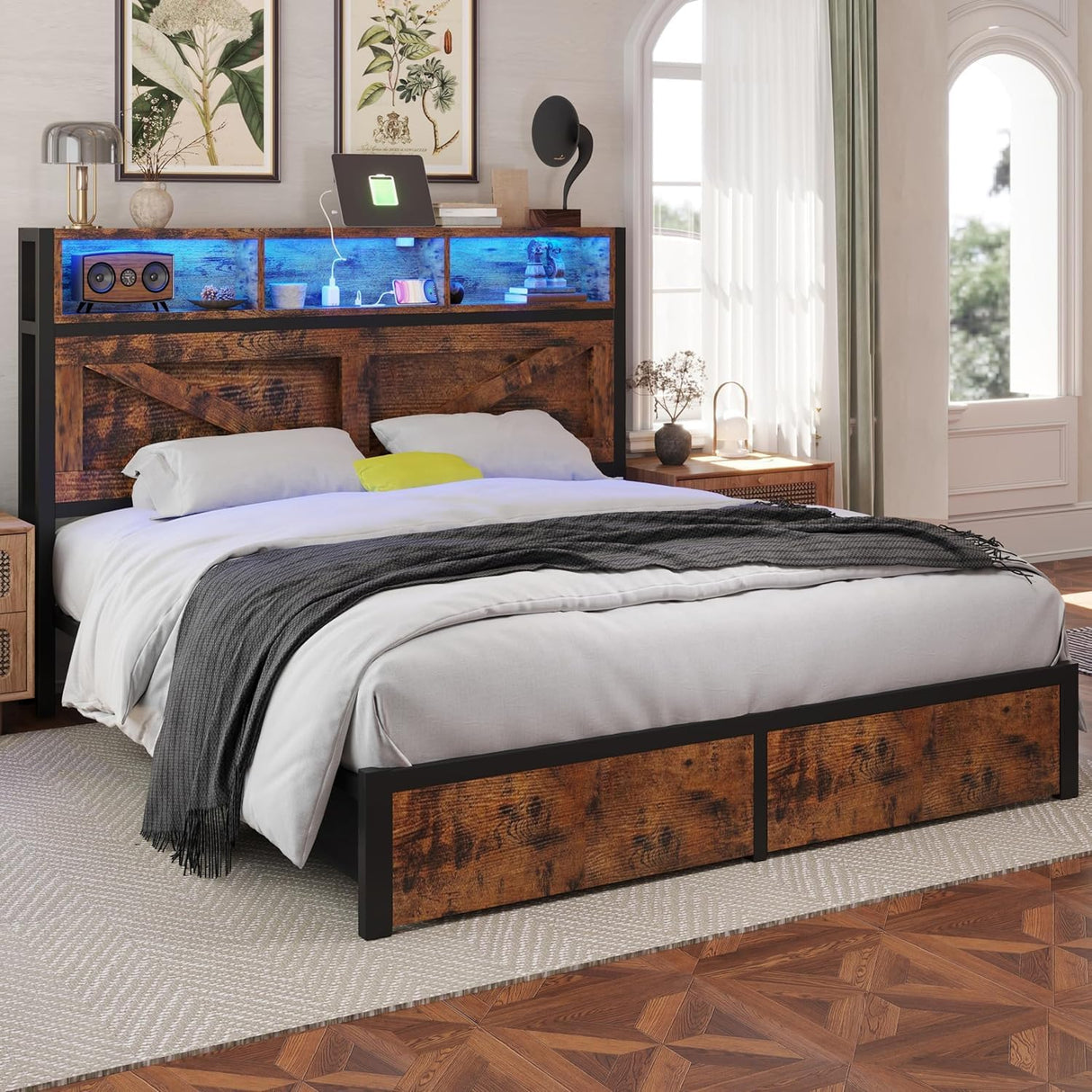 Farmhouse Full Bed Frame with Bookcase Headboard and Storage Drawers, LED Lights and Charging Station, No Box Spring Needed, Noise Free, Vintage Brown Fastroby