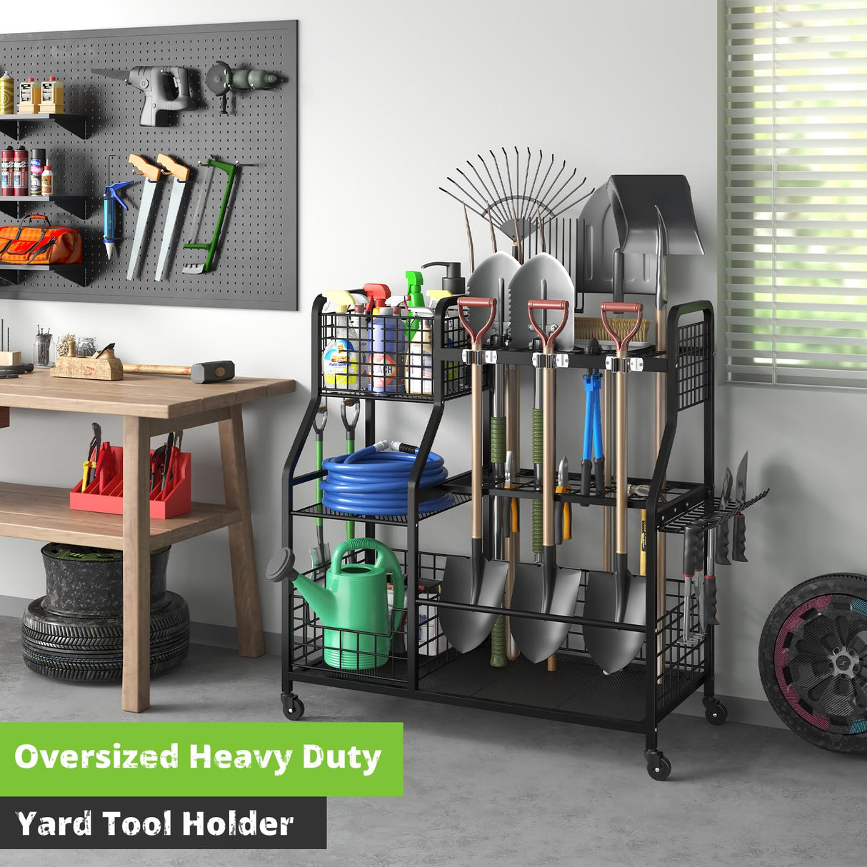 keomaisyto Garden Tool Organizer with Heavy Duty Wheels for Garage - with 2 Baskets, Large Yard Tool Organizer and Storage Holder, Utility Garden Tool Rack for/Shed/Garage/Yard/Basement/Lawn keomaisyto