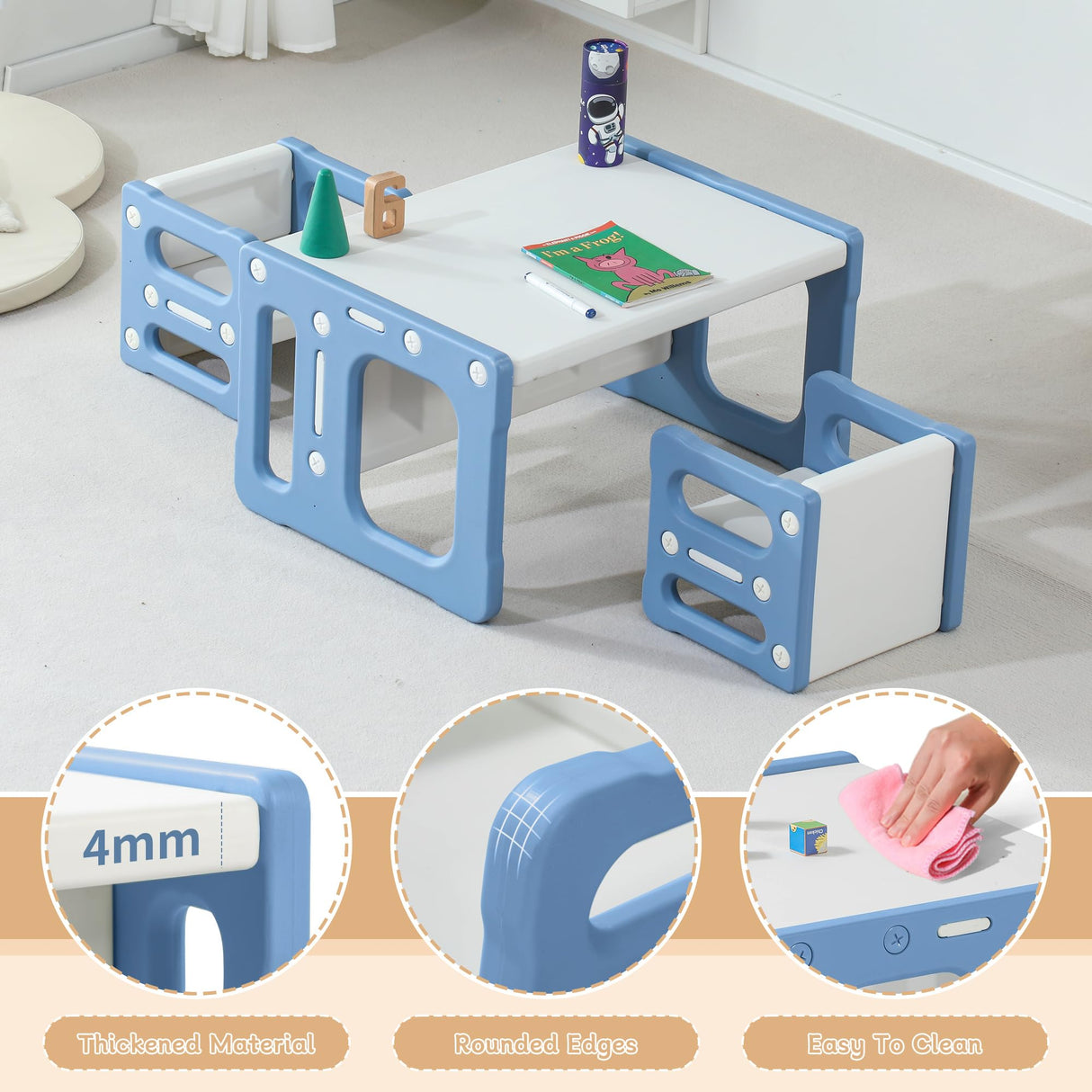SINKIPA 3 in 1 Montessori Weaning Table and 2 Chairs Set, Kids Table and Chair Set, 2 Height Levels, Toddlers Activity Table for Drawing, Dining, Reading and Playing, Blue SINKIPA