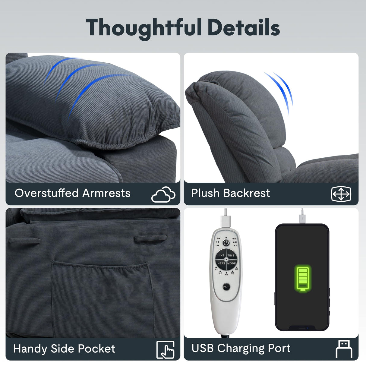 Softa 360° Swivel Rocker Recliner with Massage & Heat for Adults, Manual Rocking Chair with USB Port & Side Pocket, Swivel Glider Recliner for Living Room Apartment Small Spaces (Blue Gray) Softa