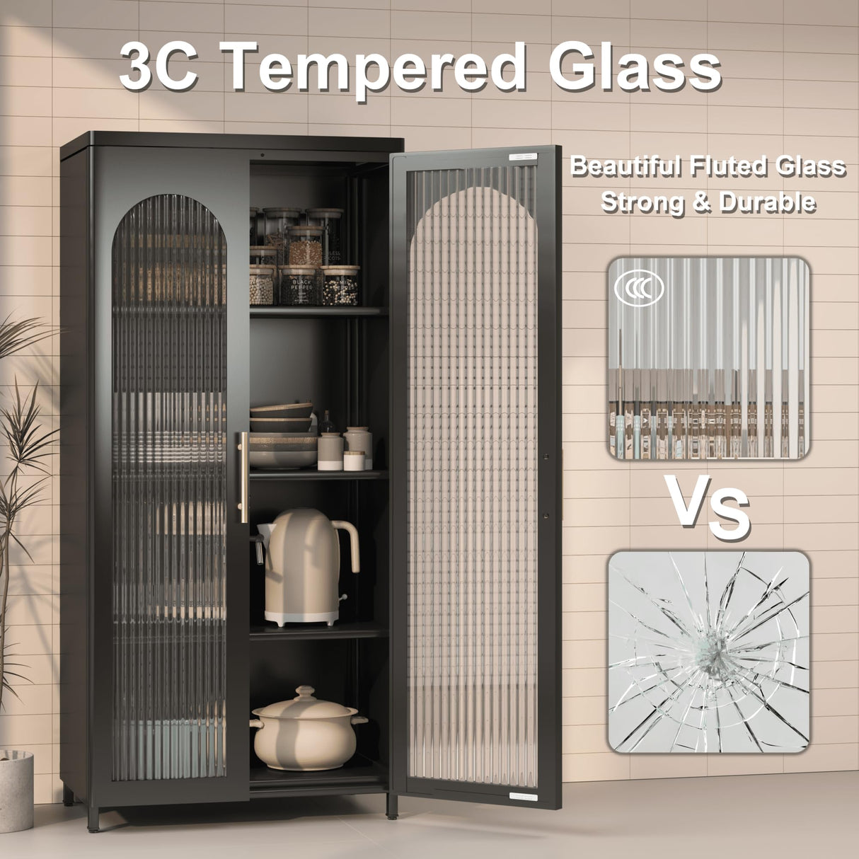 VASAAOSD Kitchen Pantry Storage Cabinets, Metal Sideboard Storage Cabinet with Glass Doors and Adjustable Shelves, Modern Furniture Pantry Cabinet for Kitchen, Living Room and Dining Room, Black VASAAOSD