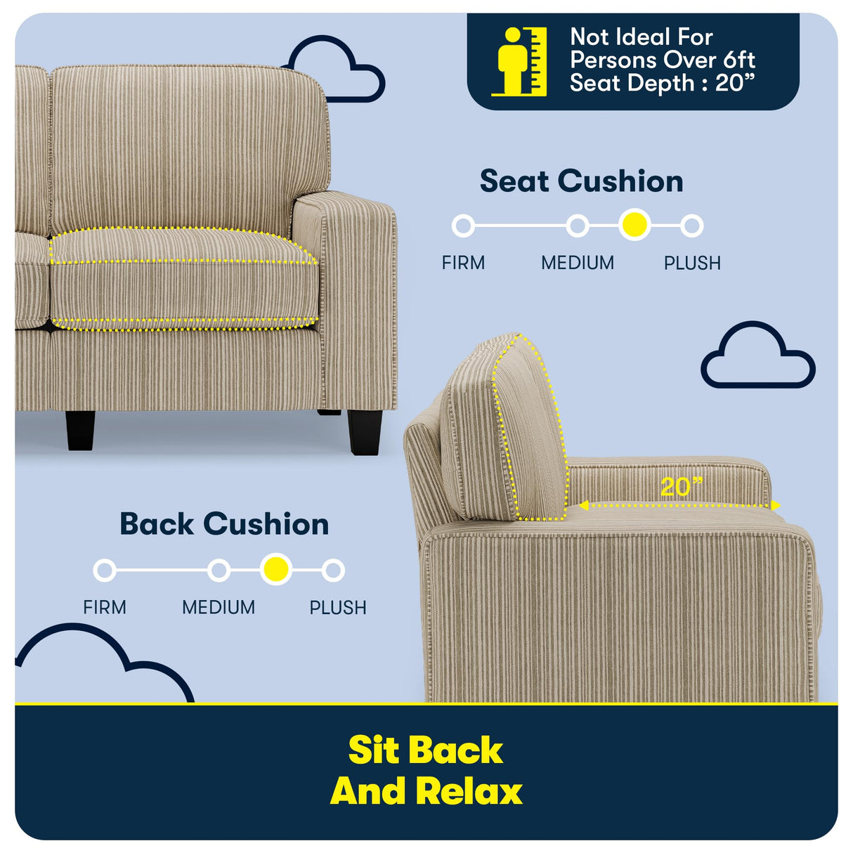 Serta Palisades 61" Track Arm Sofa, Easy Care Polyester, Soft Pillow Back, Pocket Coil Seat Cushions, Removable Covers, Loveseat or Couch for Small Spaces, Living Rooms or Bedrooms, Beige Serta