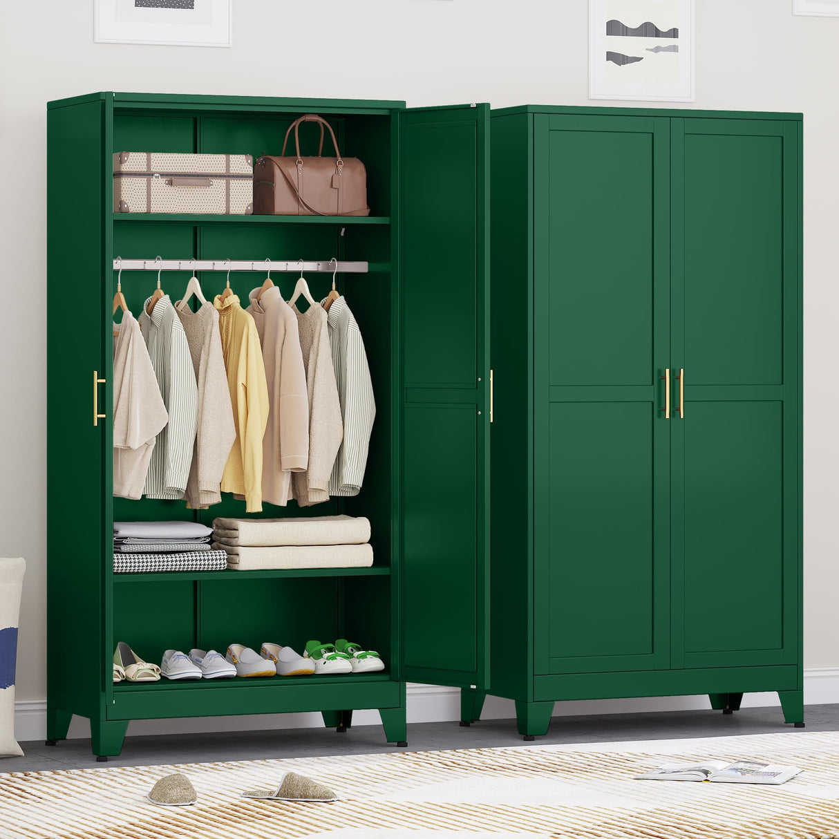 71" H Metal Armoire Wardrobe Closet, Adjustable Shelve, Clothes Drying Pole, Steel Wardrobe Cabinet for Bedroom (Green) Ckzbx
